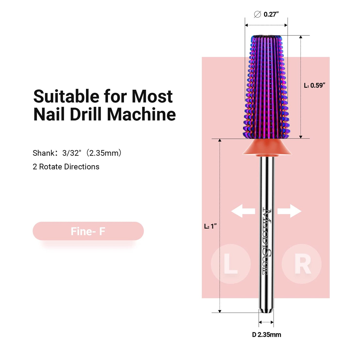 MelodySusie Professional 5 in 1 Nail Drill Bits, 3/32'' Carbide Tungsten Multi-function Bits, Suitable for Manicure Pedicure Cuticle Gel Polishing, Technicians Bits, Purple, Series Bit-M, Fine