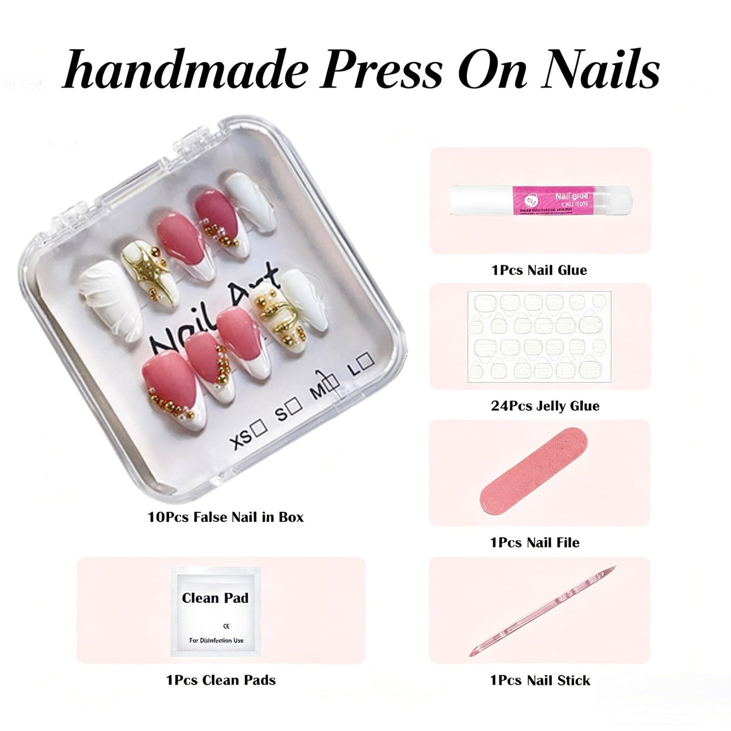 Handmade Press on Nails Medium Almond,French Tip Metal Pearl Bead Luxury Date Style for Women 10 Pcs(Size M)