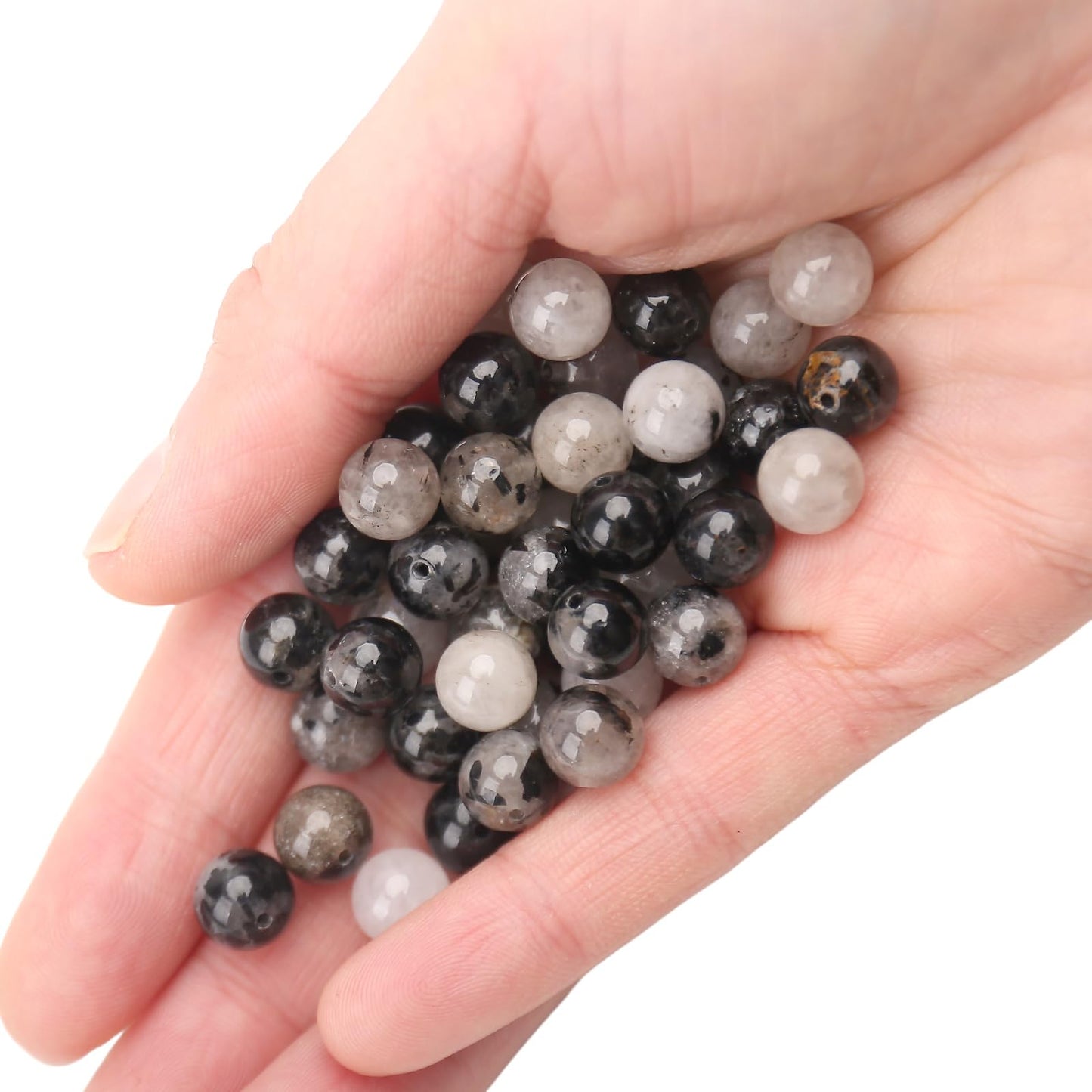 70PCS Natural 8MM Healing Gemstone, Black Rutilated Quartz Energy Stone Round Loose Beads, Semi-Precious Crystal Beads with Free Elastic String for Jewelry Making DIY