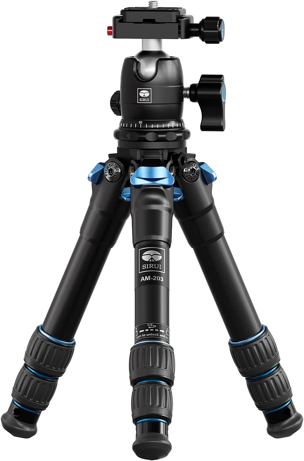 SIRUI AM203 Mini Travel Tripod with 360° B00K Ball Head, Lightweight Aluminum Tripod for Travel and Tabletop Use, Max Load 20lbs/10KG, Folded Height 11.4”, Max Height 16.7”