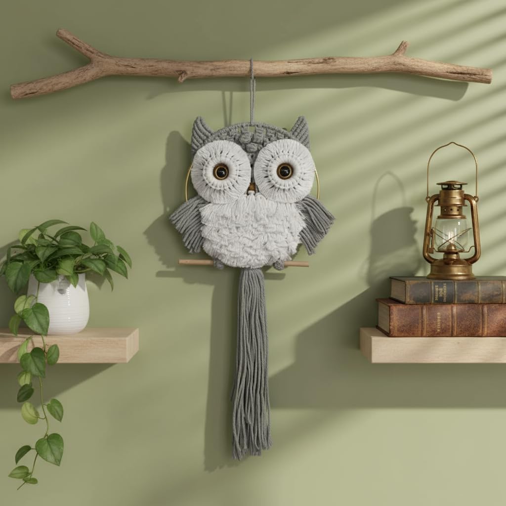 ACEDSGN Macrame Owl Wall Hanging Boho Hippy Decor, Handmade Tapestry Fiber Art Wall Decor for Nursery Bedroom Living Room, Sustainable Gift for Owl Lovers & Nature Fans