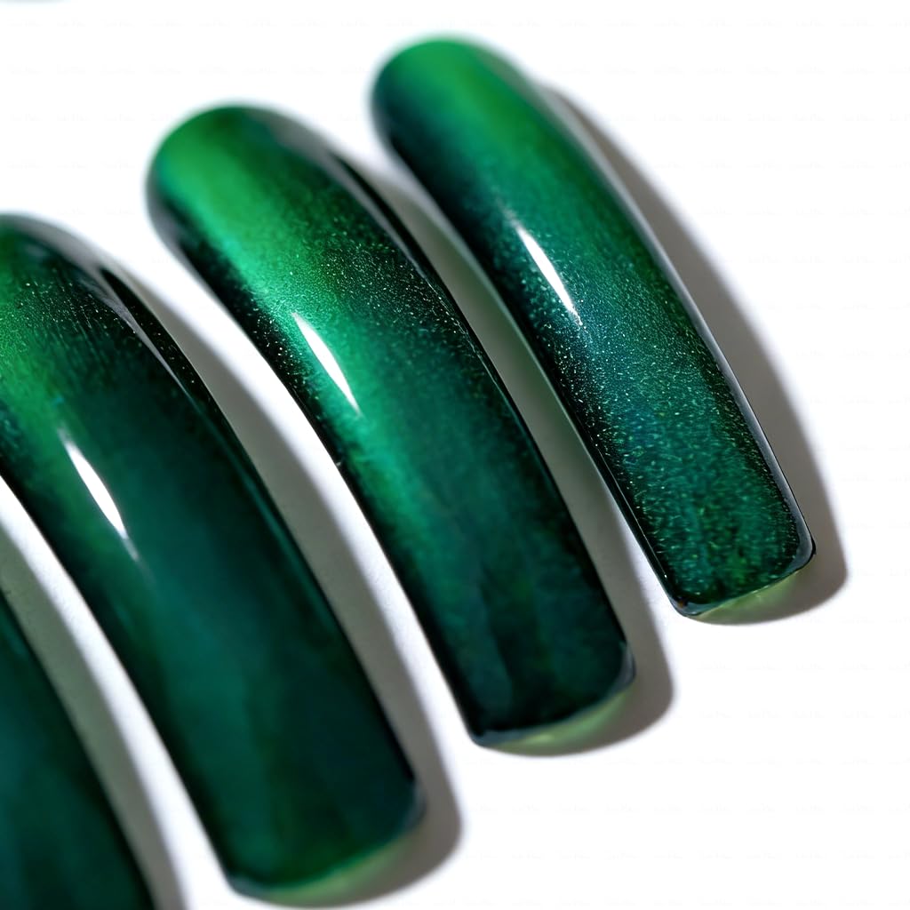 IntoVibes Emerald Green Chrome Press On Nails XL Handmade Curved Down Groove Style, Metallic Cat-Eye Effect Long Nails, Reusable Fake Nail Tips for Parties and Events, Square Acrylic Nails (L)