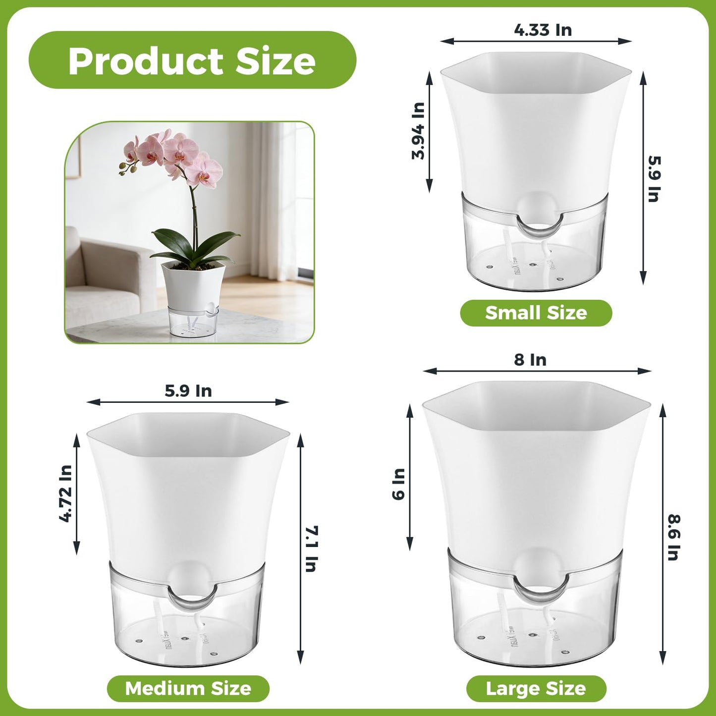 10-Pack 4.33" Clear Self Watering Pots for Indoor Plants Large Hexagon Self-Watering Planters Orchid Pots Plastic Wick Flower Plant Pots for African Violet, Spider, Herbs, Home Decor, White and Clear