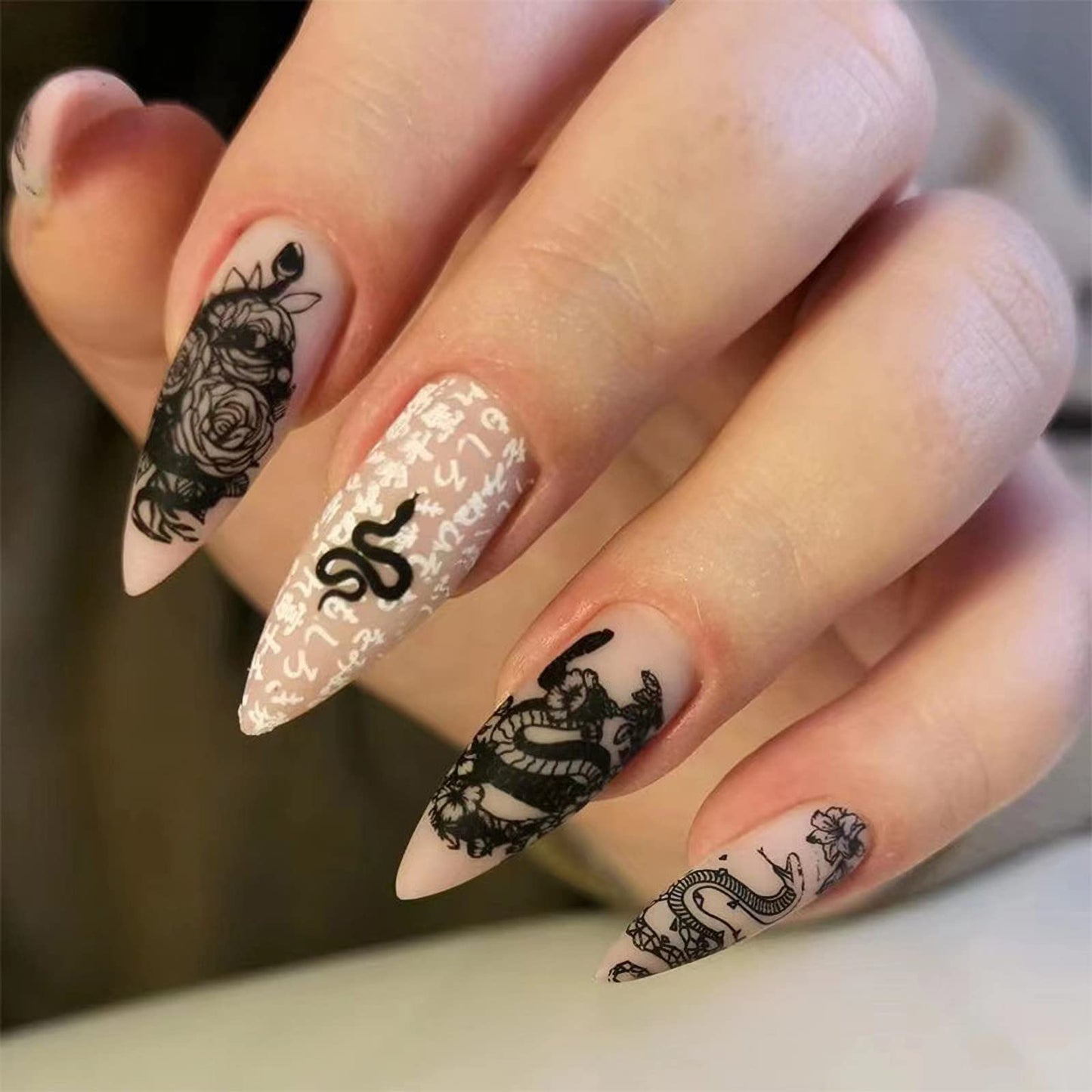 IMSOHOT Almond Press on Nails Medium Matte Nude Fake Nails Full Cover Acrylic False Nails with Black Rose Snake Designs Glue on Nails 24pcs