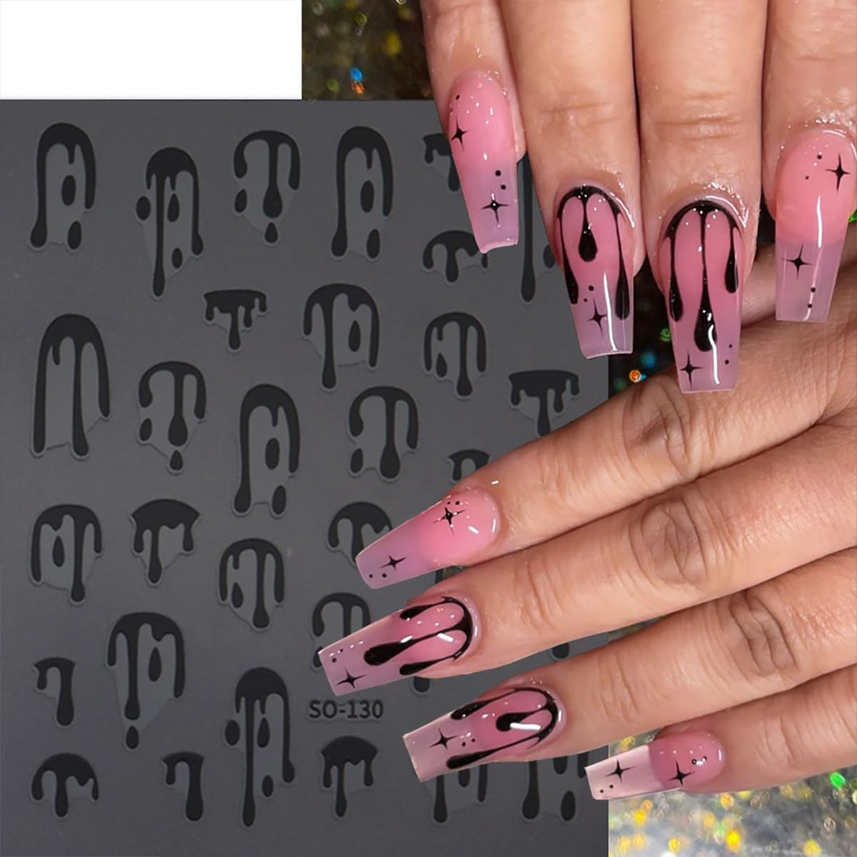 8 Sheets Halloween Nail Stickers for Nail Art Black Pink Laser Gold Nail Decals 3D Self-Adhesive Blood Nail Design Stickers Goth Nails Supply Halloween Nail Art Decoration for Women Manicure Tips