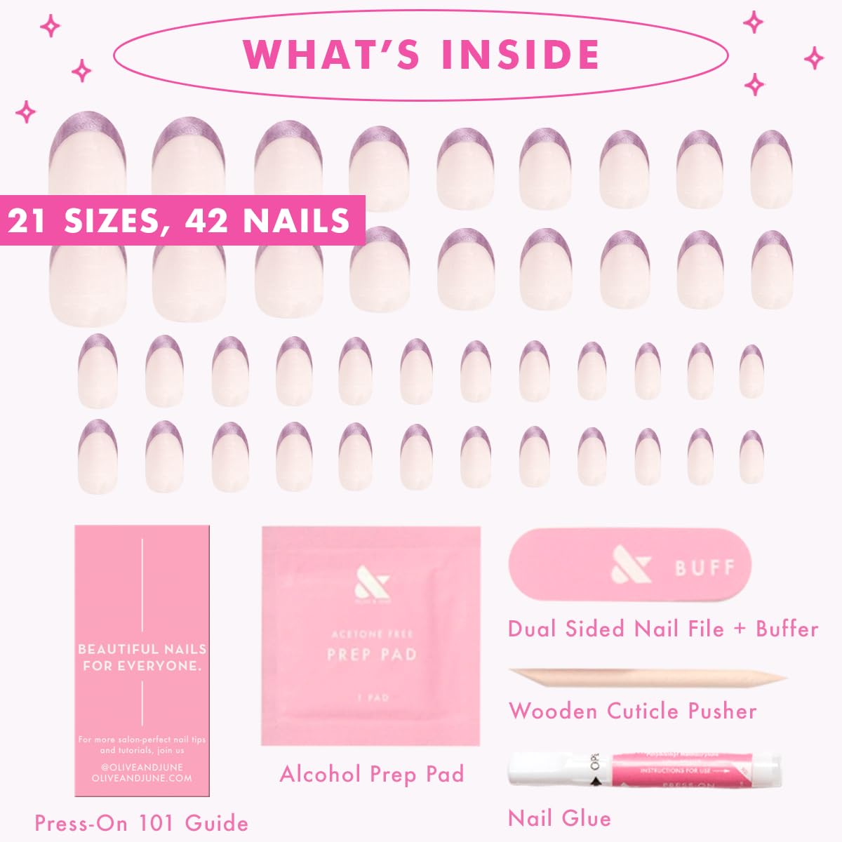 Olive & June Instant Mani Press-On Nails (Glue) | 42 Fake Nails, 21 Sizes | Non-Toxic, Long-Lasting Recycled Materials Realistic Look | Salon-Quality | Medium, Oval | Metallic French Lilac Shimmer