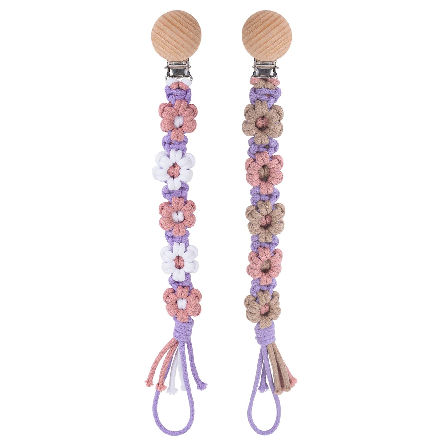 Symbolife Pacifier Clip for Boys Girls Floral Daisy Macrame Baby Paci Clip Pacifier Holder Leash Boho Wooden Clips Handmade Braided Cotton Binky Clips (2pack:Lavender Style × 2)