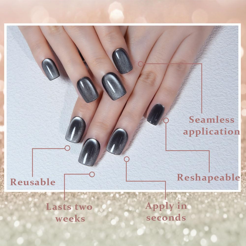 evpct Black Silver Cat Eye Press on Nails Short Square No Glue, Short Square Stick on Nails for Women Gift, Silver Grey Gray Metallic Glitter Shimmer Reusable Press on Acrylic Fake Nail with Design