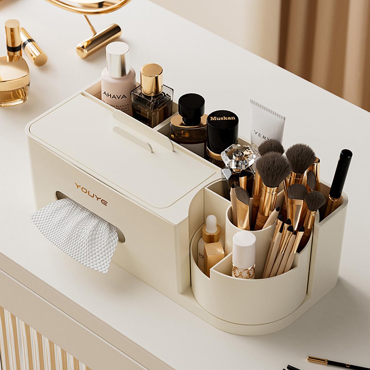 Aiabaleaft Multifunctional Organizer Rotating Brush Holder Makeup Organizer With Tissue Box for Study Table Living Room Dressers Home Office (Gray)