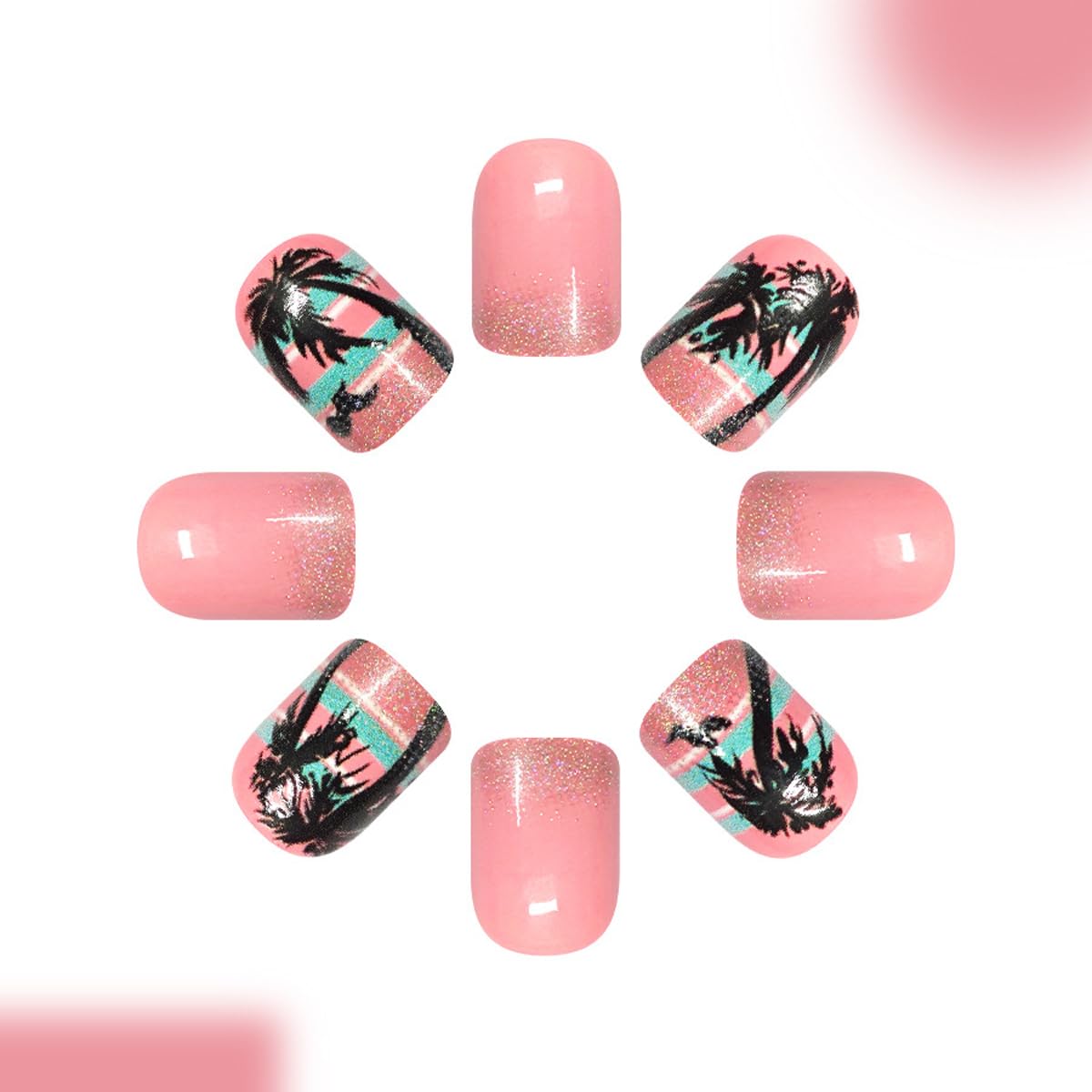 Summer Pink Press on Nails Short Square - Glitter French Tip with Palm Tree & Seagull, Full Cover Glossy Fake Nails 24PCS for Women DIY Manicure