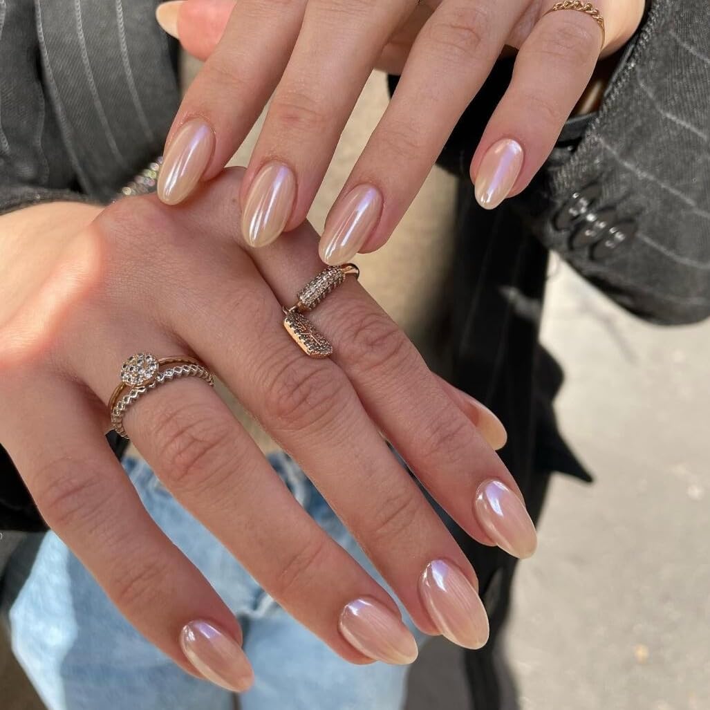 KQueenest Chrome Nude Press On Nails Short Oval, Glitter Fake Nails Press ons with Mirror Effect, Sparkly Pearlescent Glue on Nails Short Almond, Reusable Soft Gel Stick On Nails for Women Wedding
