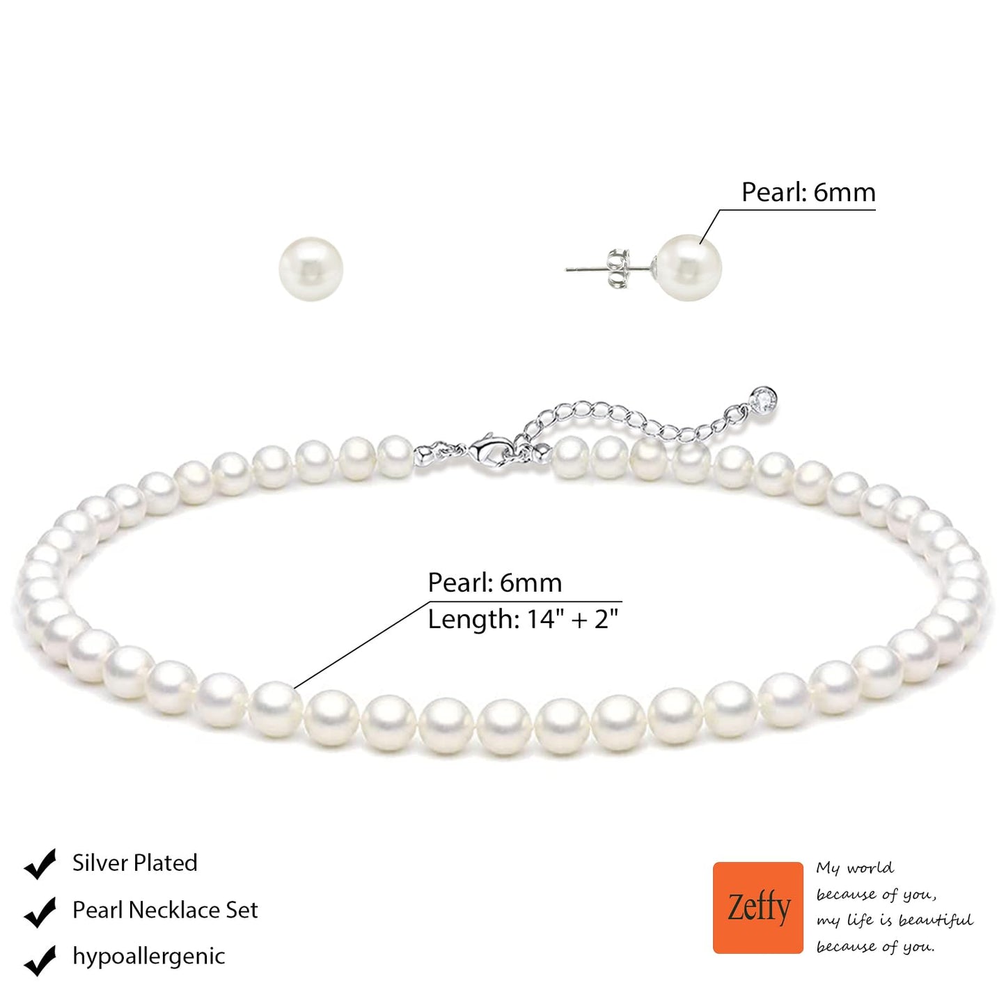 Zeffy Pearl Necklace and Earring Set for Women, 2PCS White Round Faux Pearl Necklace Earring Set, Jewelry for Brides
