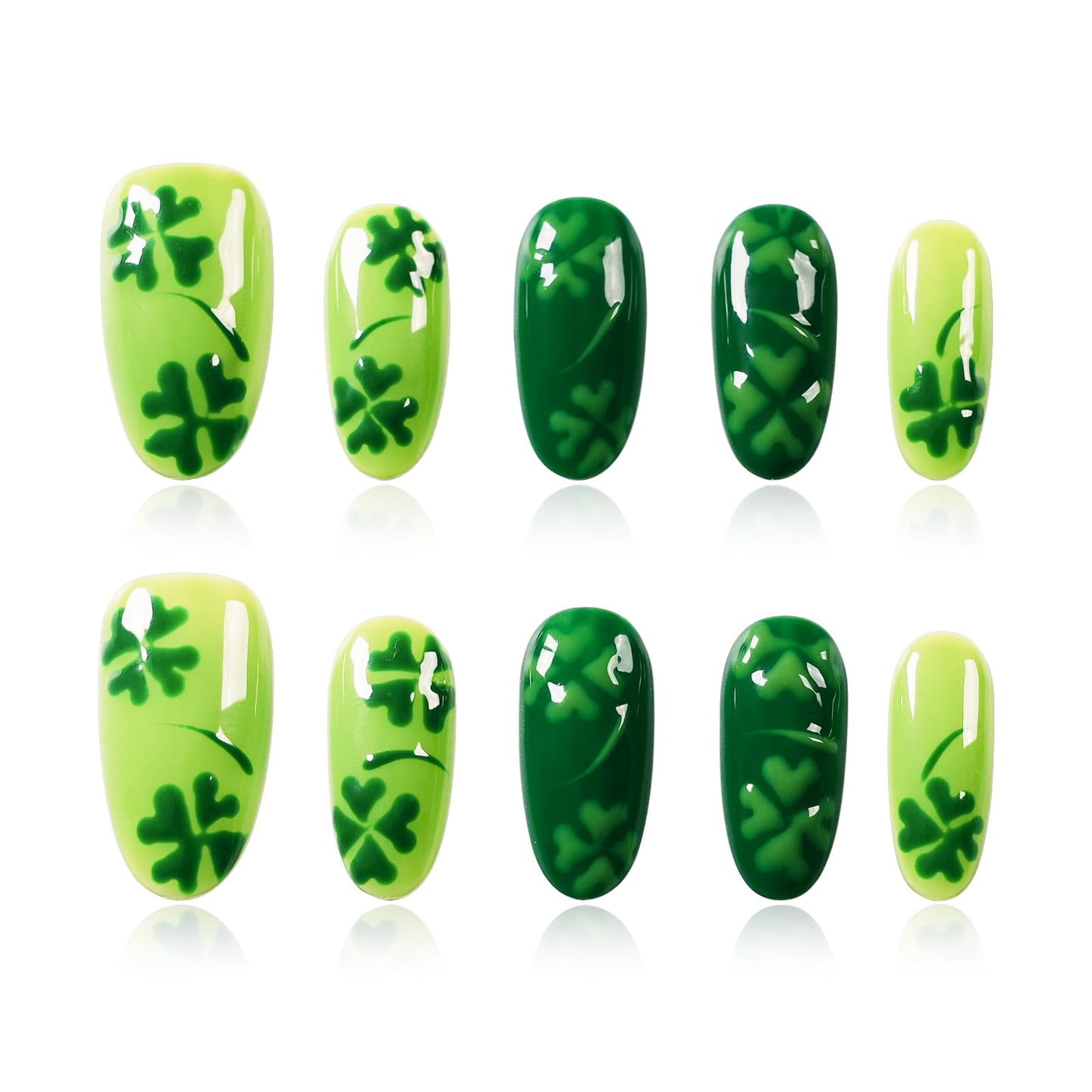 Tesytto Medium Oval Press On Nails, Hand-Painted Green Four-Leaf Clover Design, Glossy Reusable Acrylic Full Cover Nails (Size L)