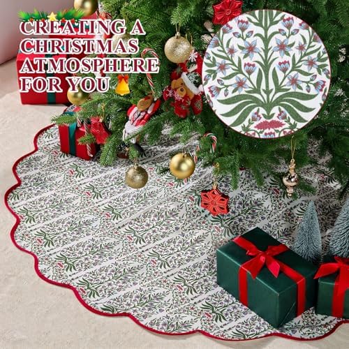 45 Inch Christmas Tree Skirt Vintage Red Floral Block Print Tree Skirts with Scalloped Edge, Classic Xmas Tree Skirt for Merry Christmas Party Holiday Home Farmhouse Indoor Outdoor Decorations