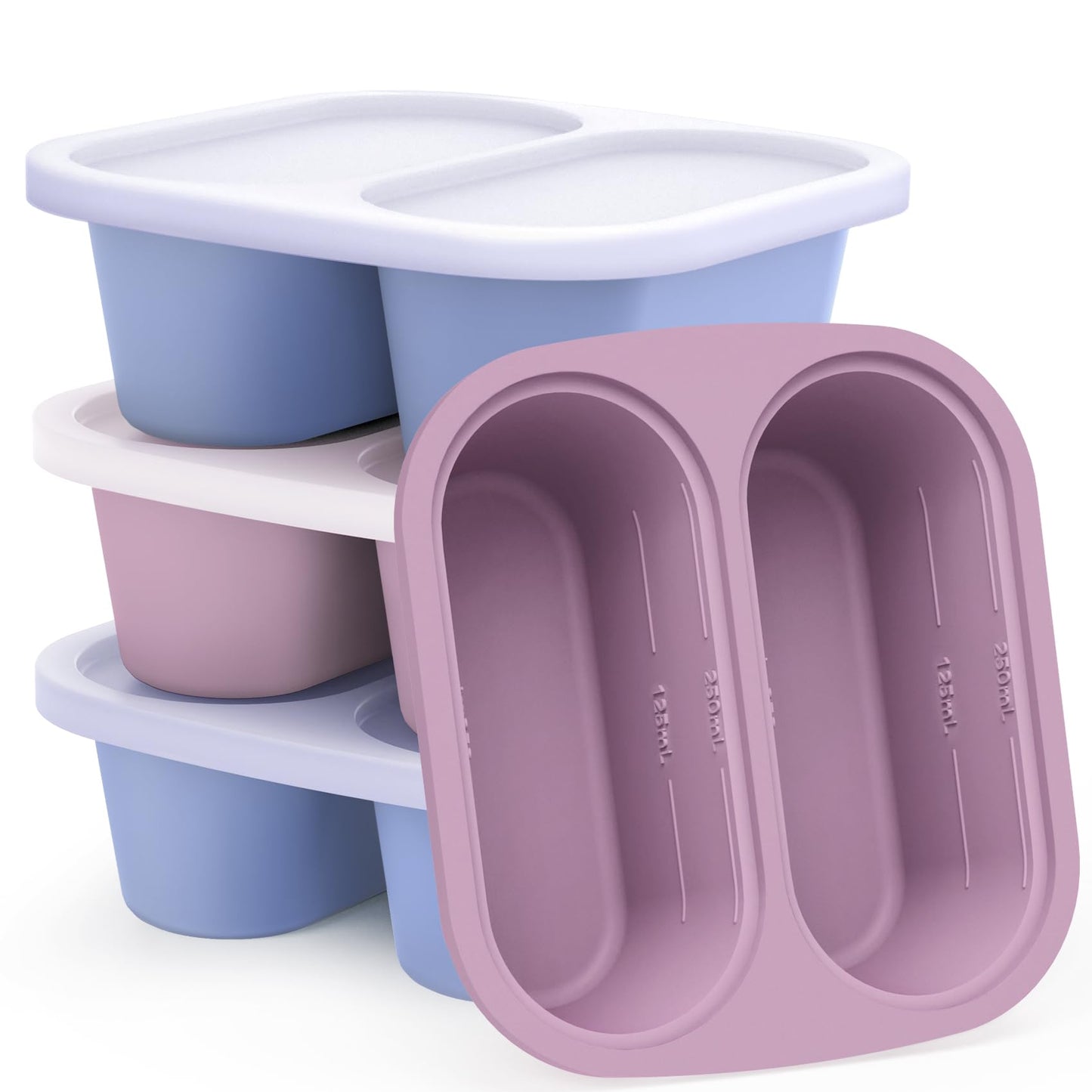 Mossime Silicone Soup Freezer Molds: 1 Cup Silicone Freezer Trays with Lid - 4 Packs Easy Release Soup Freezer Containers - 250ml 125ml Portion Large Cubes for Ice Soup (4, Blue/Purple)