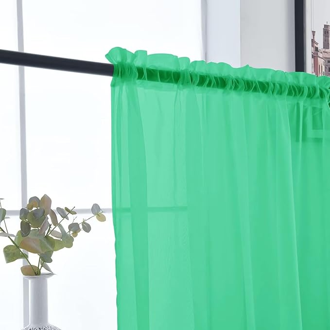 SpaceDresser Basic Rod Pocket Sheer Voile Window Curtain Panels Grass Green 1 Pair 2 Panels 52 Width 63 Inch Long for Kitchen Bedroom Children Living Room Yard（Grass Green, 52W x 63L）