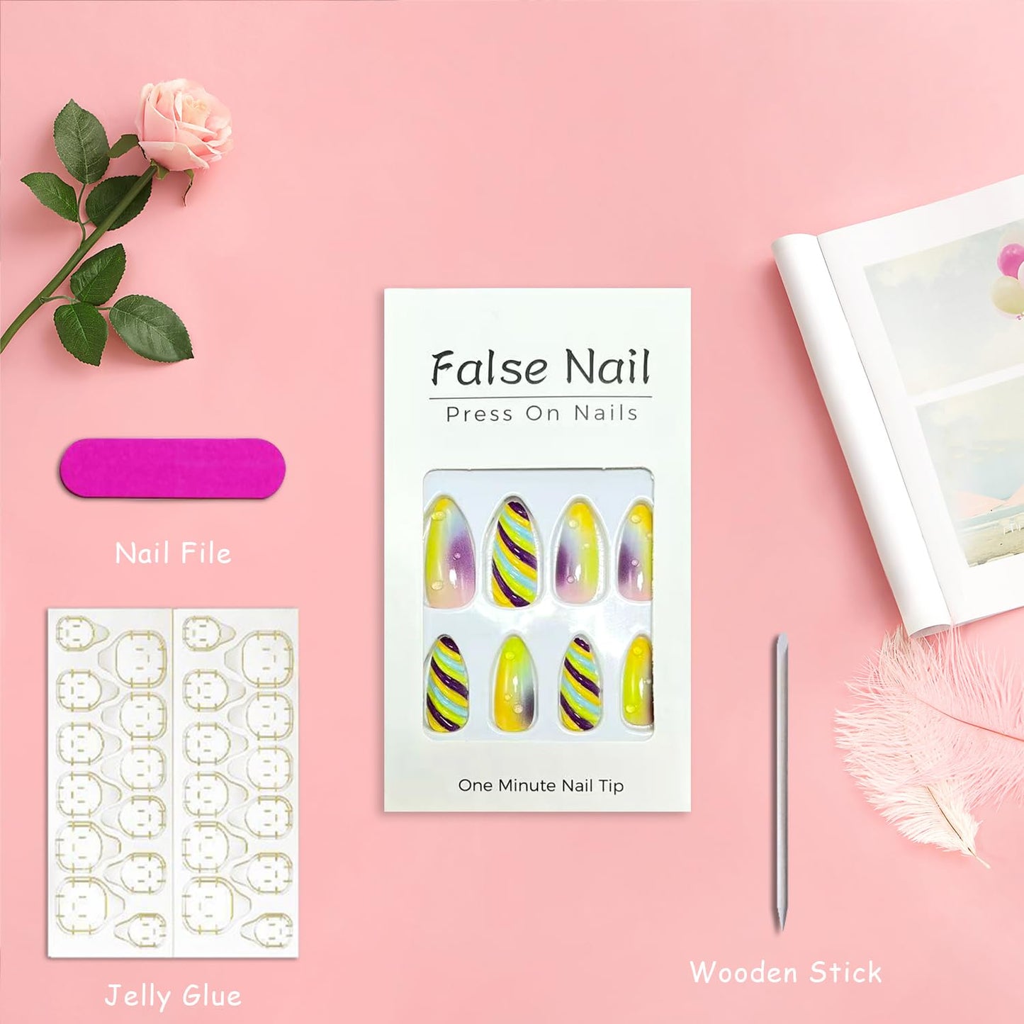 3D Colorful Stripe Press on Nails Medium Almond Gradient Fake Nails Glossy Full Cover Acrylic Glue on Nail for Women