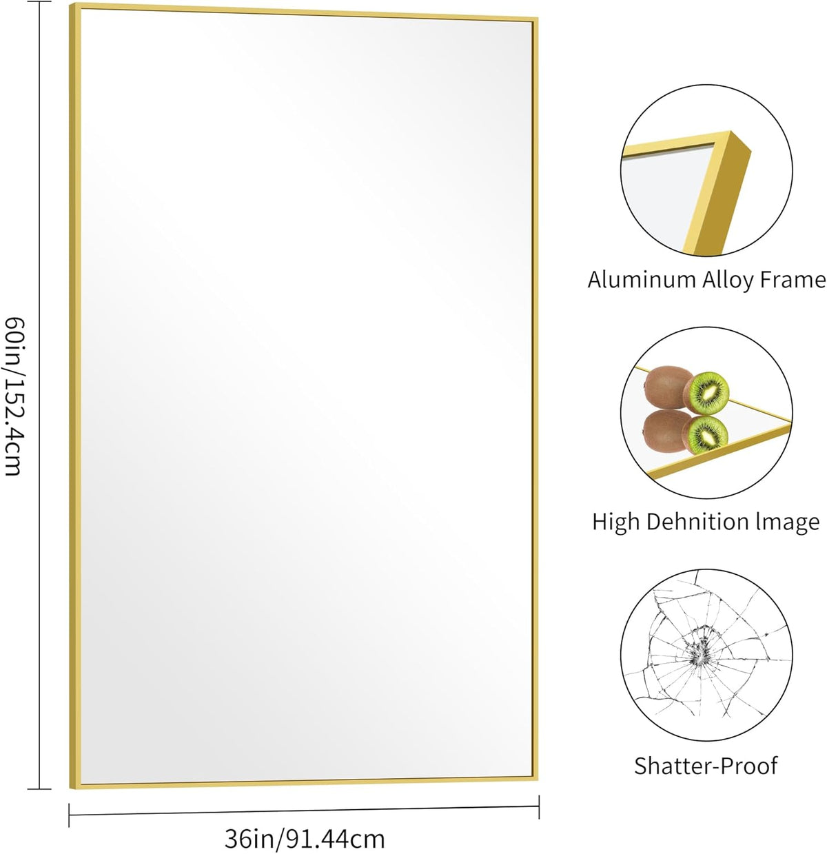 Gold Bathroom Mirror for Wall, 60x36 Inch Rectangle Mirrors with Metal Frame, Modern Vanity Wall Mirror Decor for Bathroom Living Room, Entryway Hangs Horizontal or Vertical