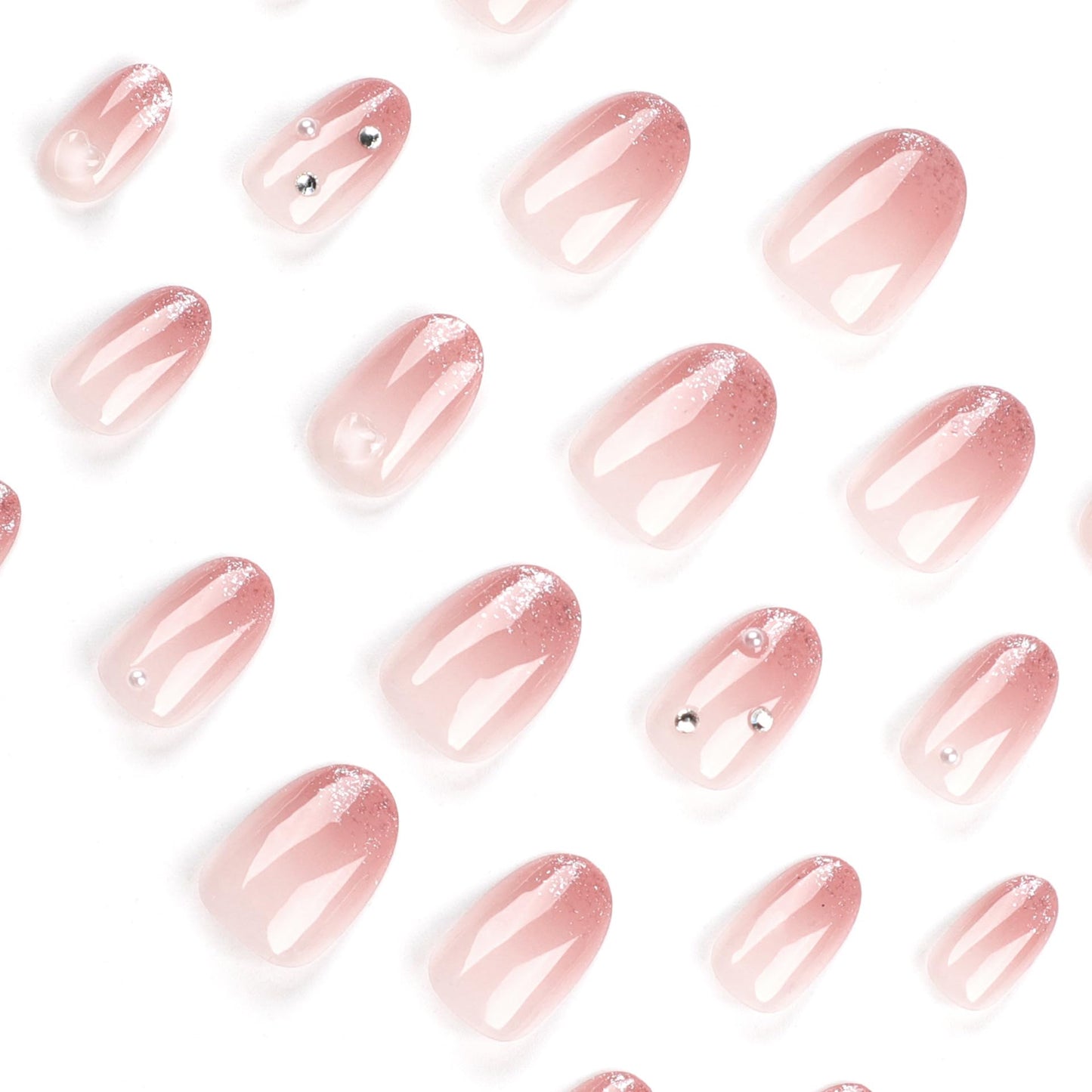 ORZOLATENT Medium Oval Press on Nails - Nude Pink Jelly Gradient Glitter False Nails, Fairy Shimmer Acrylic Nails with Rhinestones & Adhesive Tabs, Elegant Salon Finish for Brides (24 Pcs)