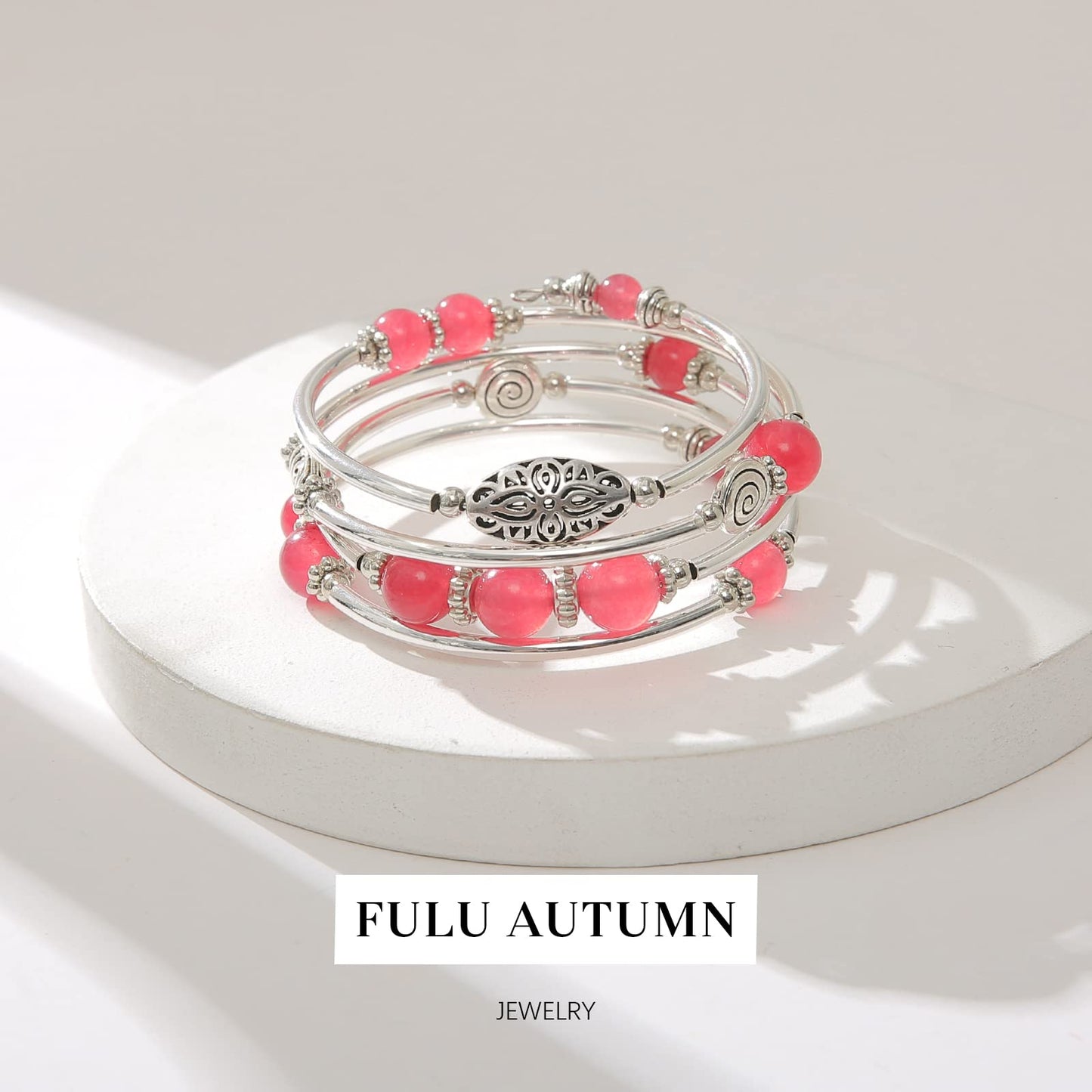 FULU AUTUMN Stackable Beaded Bracelets for Women Boho Wrap Silver Bracelet Layered Fashion Jewelry Gifts for Her(17-Rose red)