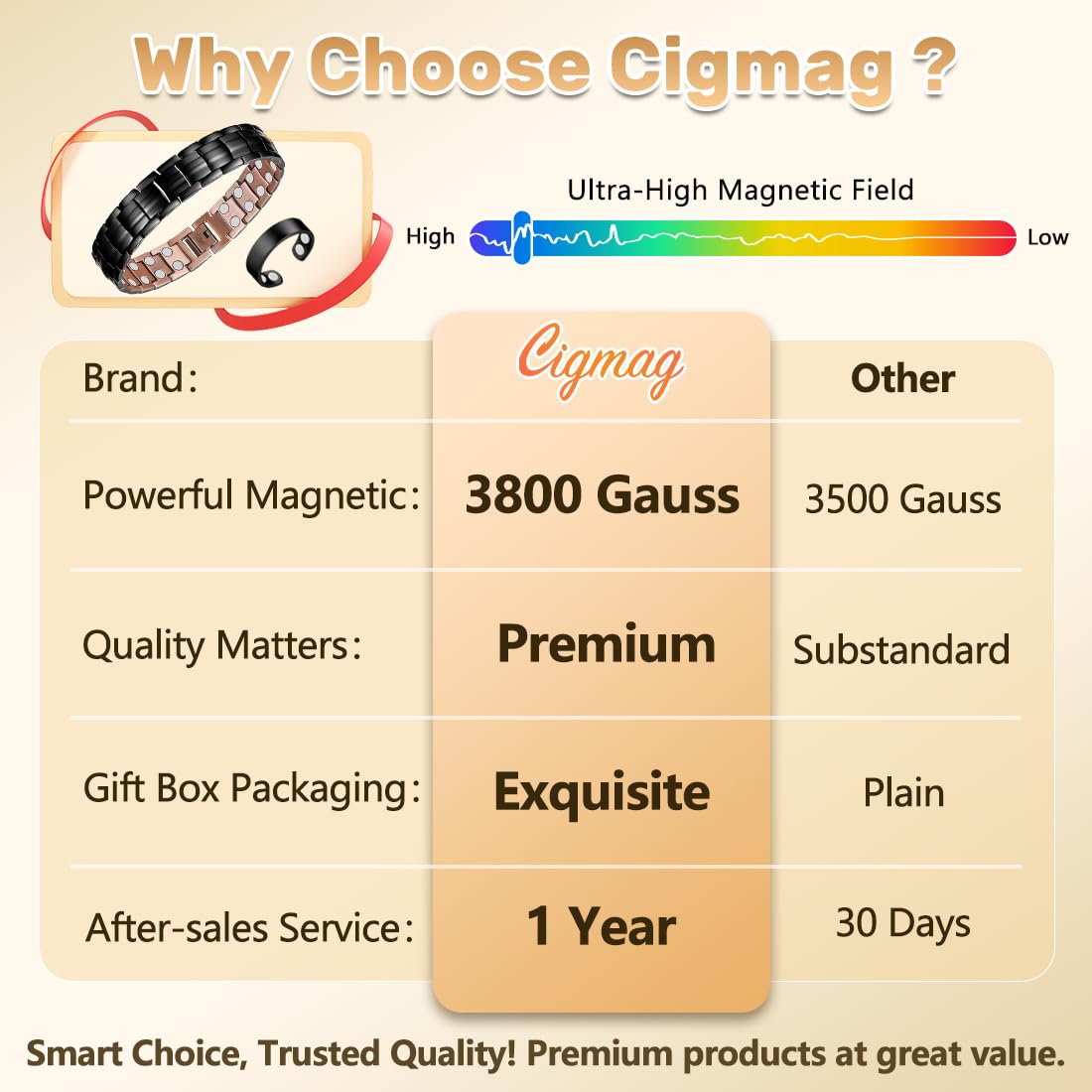 Cigmag Copper Bracelet for Men, Pure Copper Magnetic Bracelet & Ring Set with Strength 3800 Gauss Magnets, Adjustable with Sizing Tool (Double Row Black)