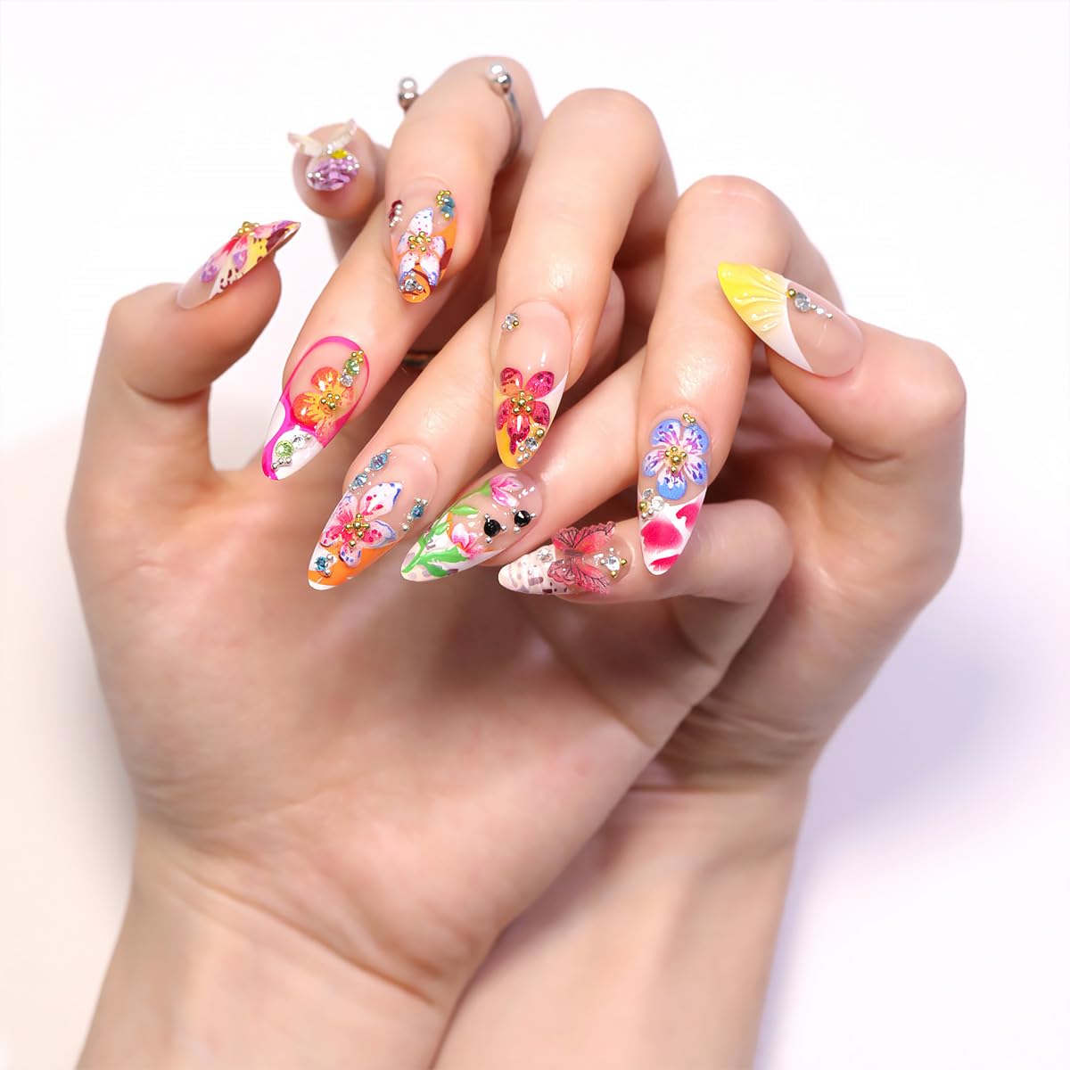 WBRRFJJ 24Pcs Medium Almond Acrylic Flower Press-on False Nails with 3D Colorful Butterfly Gems Design, Glossy Finish, Full Cover, Summer Stick-on Nails for Women
