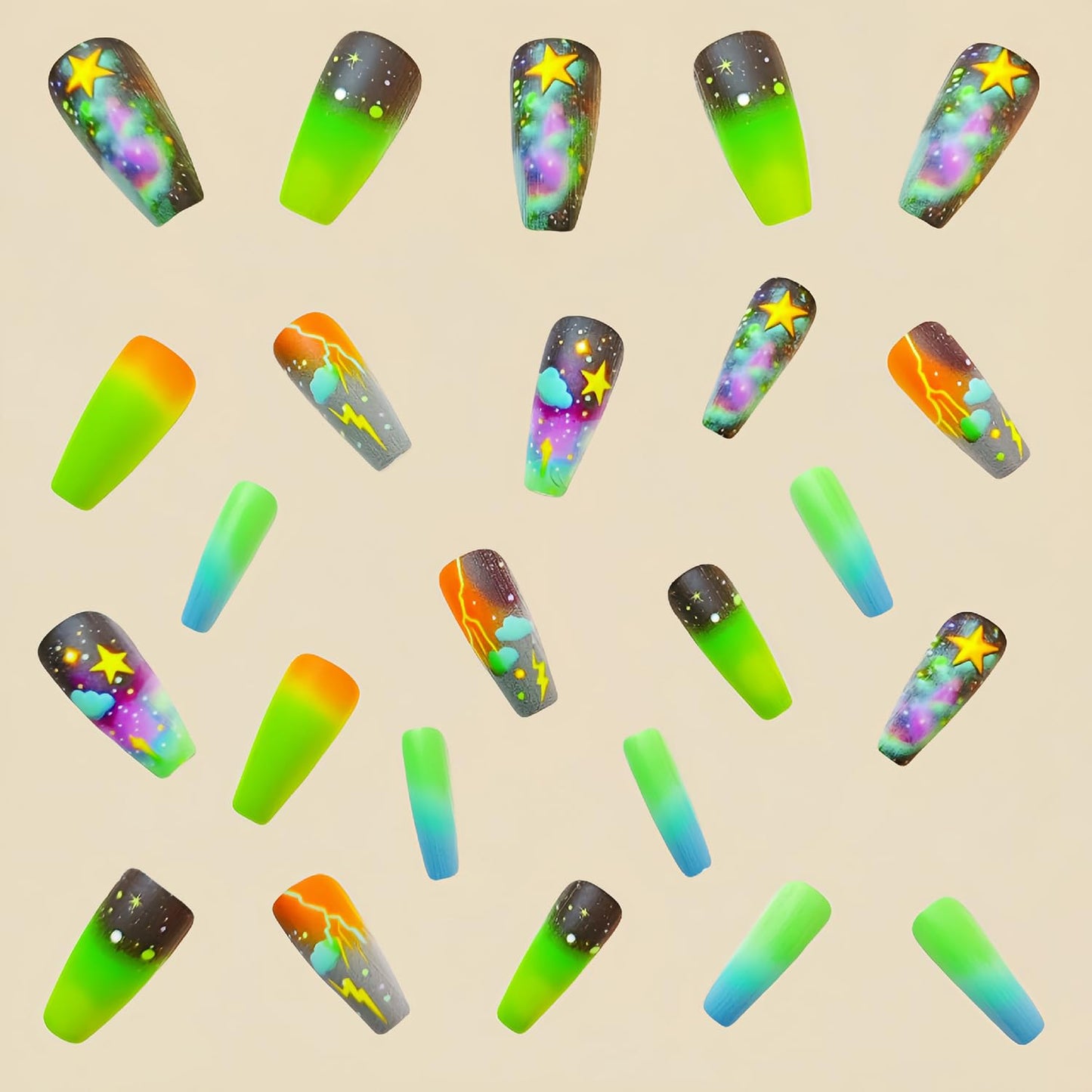Gradient Press on Nails Long Length Ballet Shaped False Nails Clouds Lightning Pattern Design Acrylic Nails Colorful Smudge Press Nails Artificial Acrylic Nails Full Cover Stick on Nails for Women