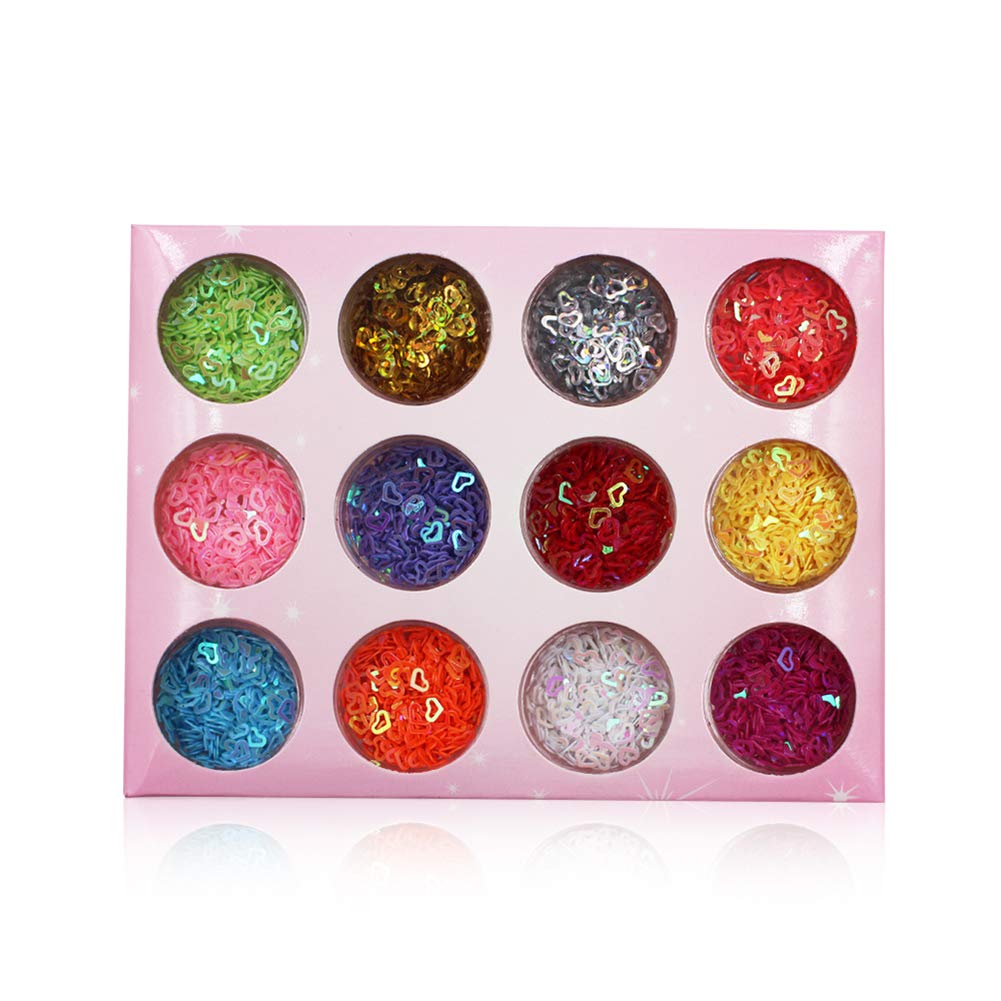 Minejin Nail Art Glitter 3D Heart Sequin Charms Cutout Star Slime Flakes For Nail Face Eye Slime 12 colors