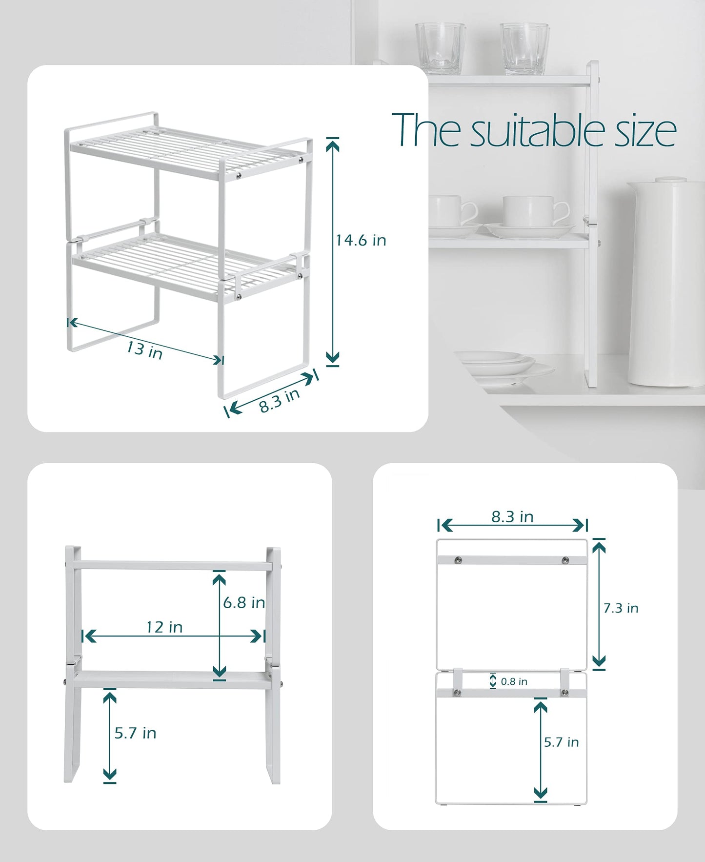 Shantton 2 Pack Kitchen Cabinet Shelf Counter Organizer Rack Pantry Storage Bathroom Bedroom Office Table Desk Space Saving Steel Frame Stackable Rust Resistant Non Slip White