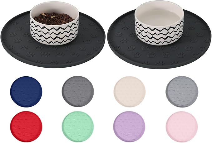 Comtim Waterproof Dog Food Mat - 2 Pack Silicone Pet Food Mat Dog Food Bowl Mats Cat Water Mats Eating Tray, Non-Slip Pet Placemat with Lip for Messy Drinkers to Protect Floor,Dark Grey 11"×11"