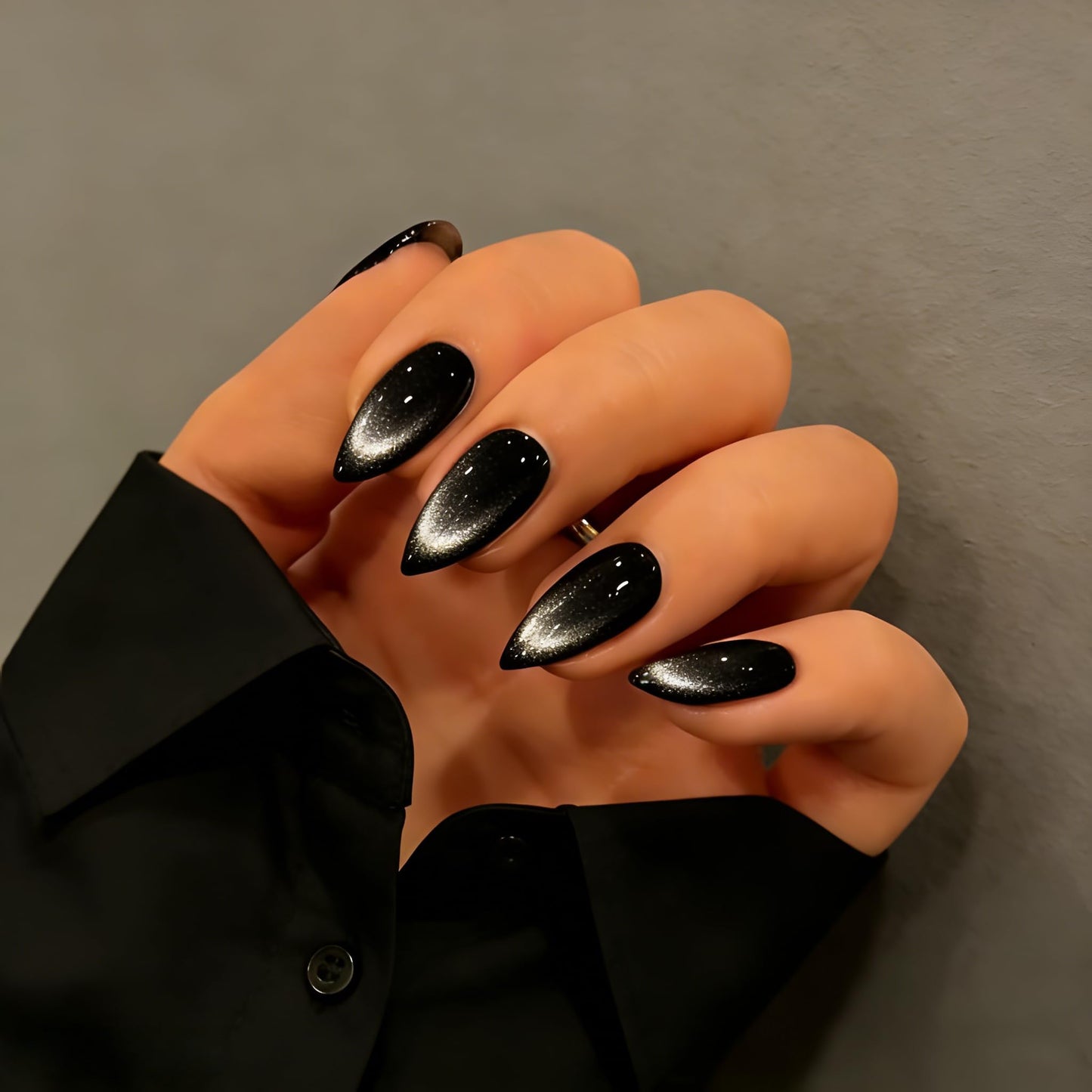 KQueenest Cat Eye Press On Nails Almond - Black Press On Nails Medium Stiletto, 30 Pcs 15 Sizes Glitter Fake Nails Press ons, Upgrade Thick Quality, Reusable Glue on Nail for Women Goth Party