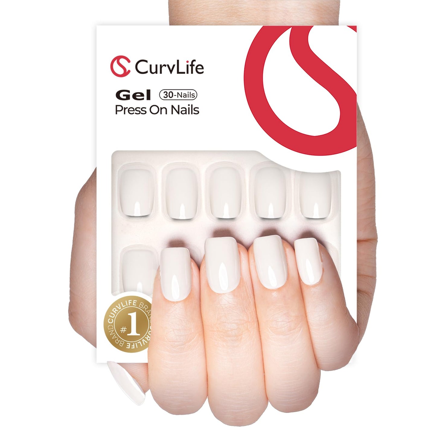 Curvlife 30 Pcs Press on Nails Acrylic Fake Nails with Design Full Cover False Nails for Women Reusable Nail Kit with Nail Glue Adhesive Tabs Nail File (Ceramic White, 30pcs)