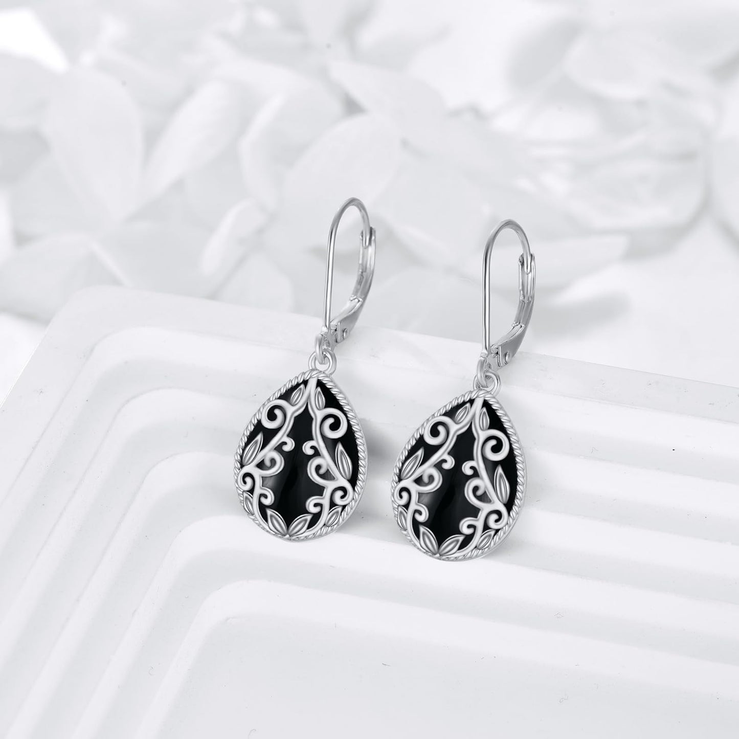 Black Onyx Drop Earrings 925 Sterling Silver Filigree Teardrop Dangle Leverback Earrings Jewelry Gifts for Women