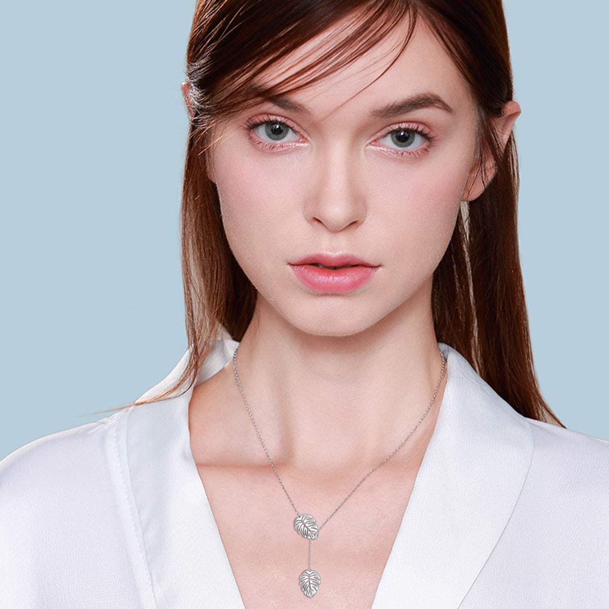 DAOCHONG Monstera Palm Leaf Y Shaped Lariat Necklace Sterling Silver Palm Leaf Lariat Long Chain Drop Adjustable Necklace Layered Necklace 30"