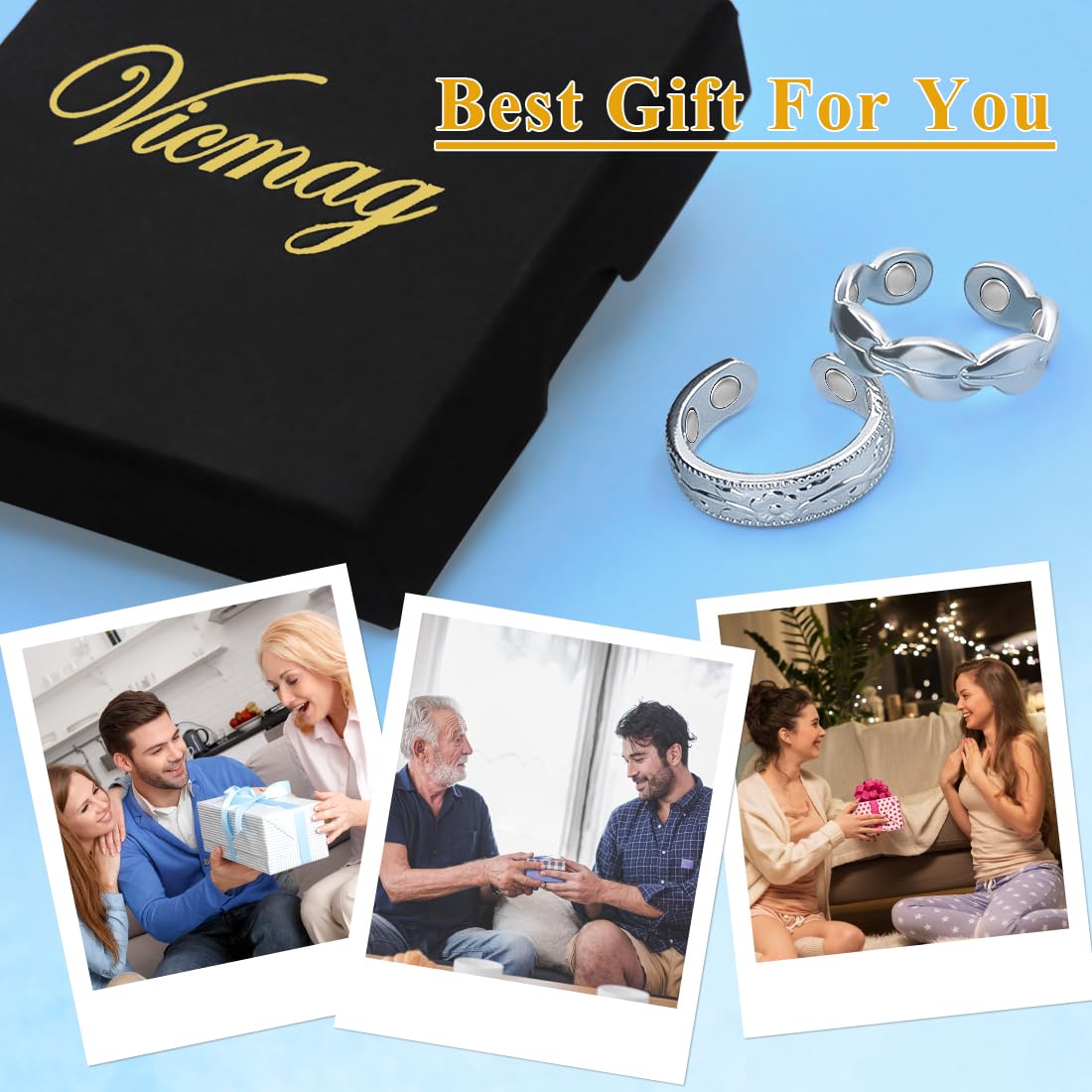 Vicmag Copper Magnetic Ring for Women, Magnetic Rings Ladies Fingers Thumb 100% Solid Pure Copper Jewelry Gift Adjustable (Leave+Folwer Silver)
