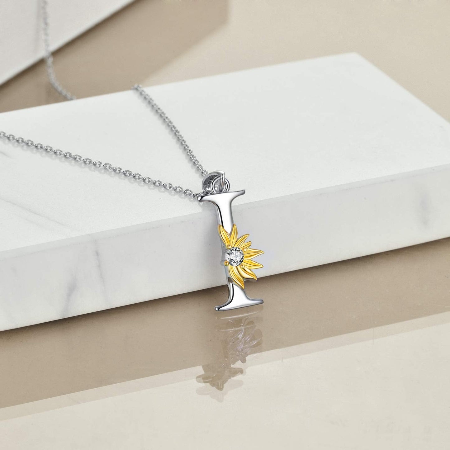 POPLYKE Sterling Silver Initial Alphabet Letter Script Name Pendant Chain Necklace for Women for (Sunflower I)