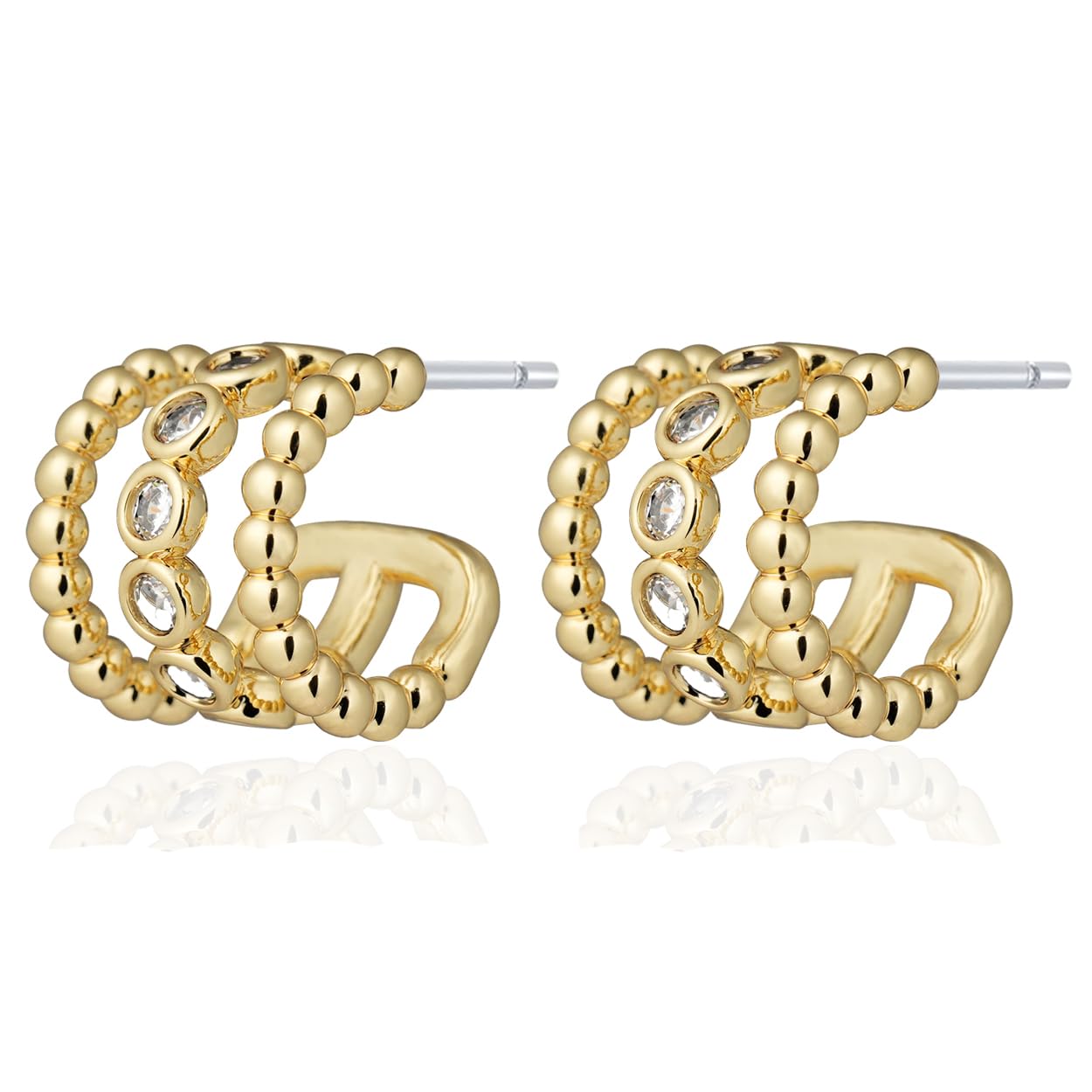 Obidos 14K Gold Plated Illusion Stud Earrings for Women | Triple Huggie Hoop Earrings for One Hole (Plated Gold)