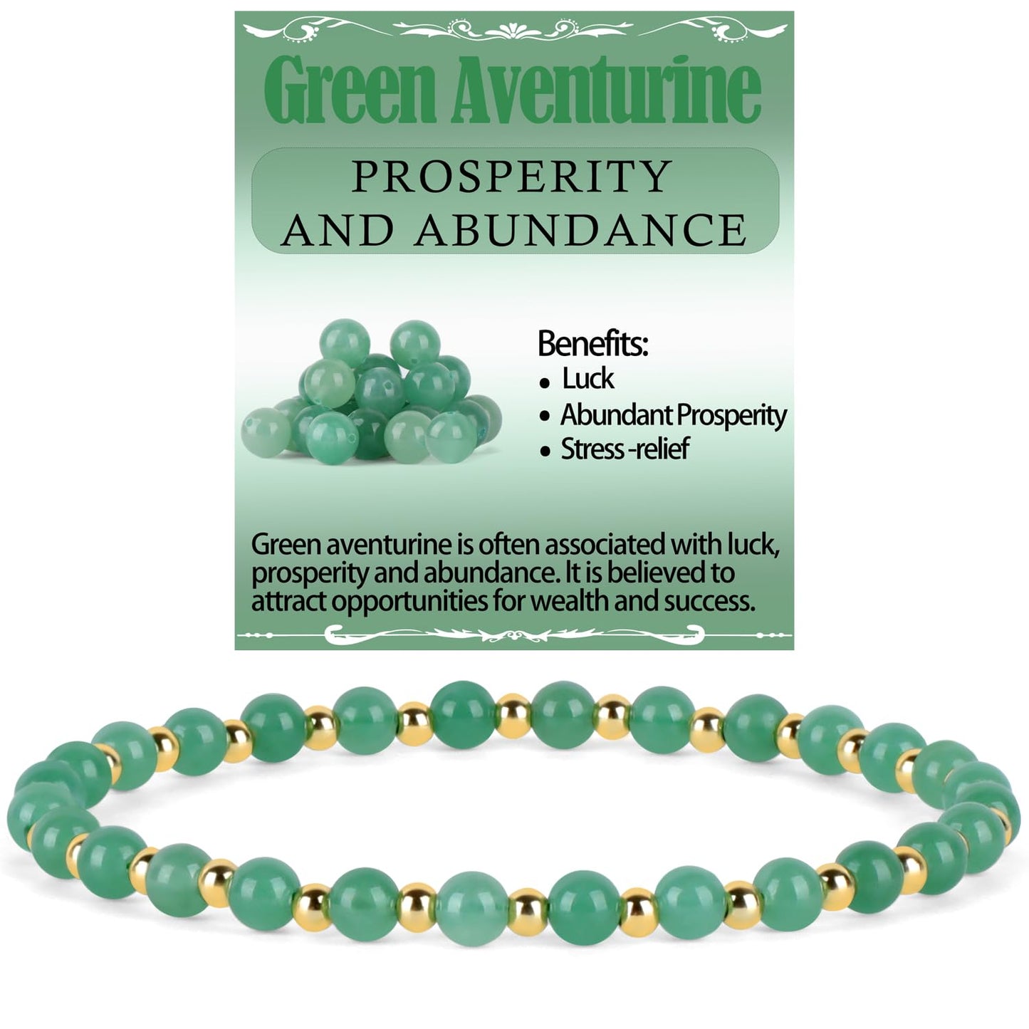 QOGIR Green Aventurine - Prosperity - 14K Gold Plated Beads Natural Gemstone Stretch Elastic Dainty Healing Beaded Bracelets Gifts 4mm