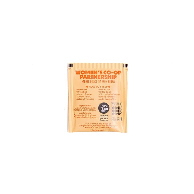 JusTea Sunset Chamomile | Herbal Tea Bags, Caffeine-Free, Organic Chamomile Tea | Fair-Trade | Plastic-Free Tea Bags | Vegan, Sugar-Free, Gluten-Free | 16 Tea Bags