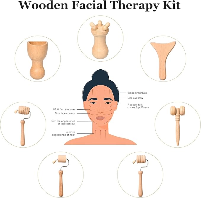 7-in-1 Wooden Facial Massage Tool Set,Face Sculpting Tool Skin Care Facial Muscle Relieving,Sculpt Jawline,Roller Tool Maderoterapia Kit for Relieving Fatigue