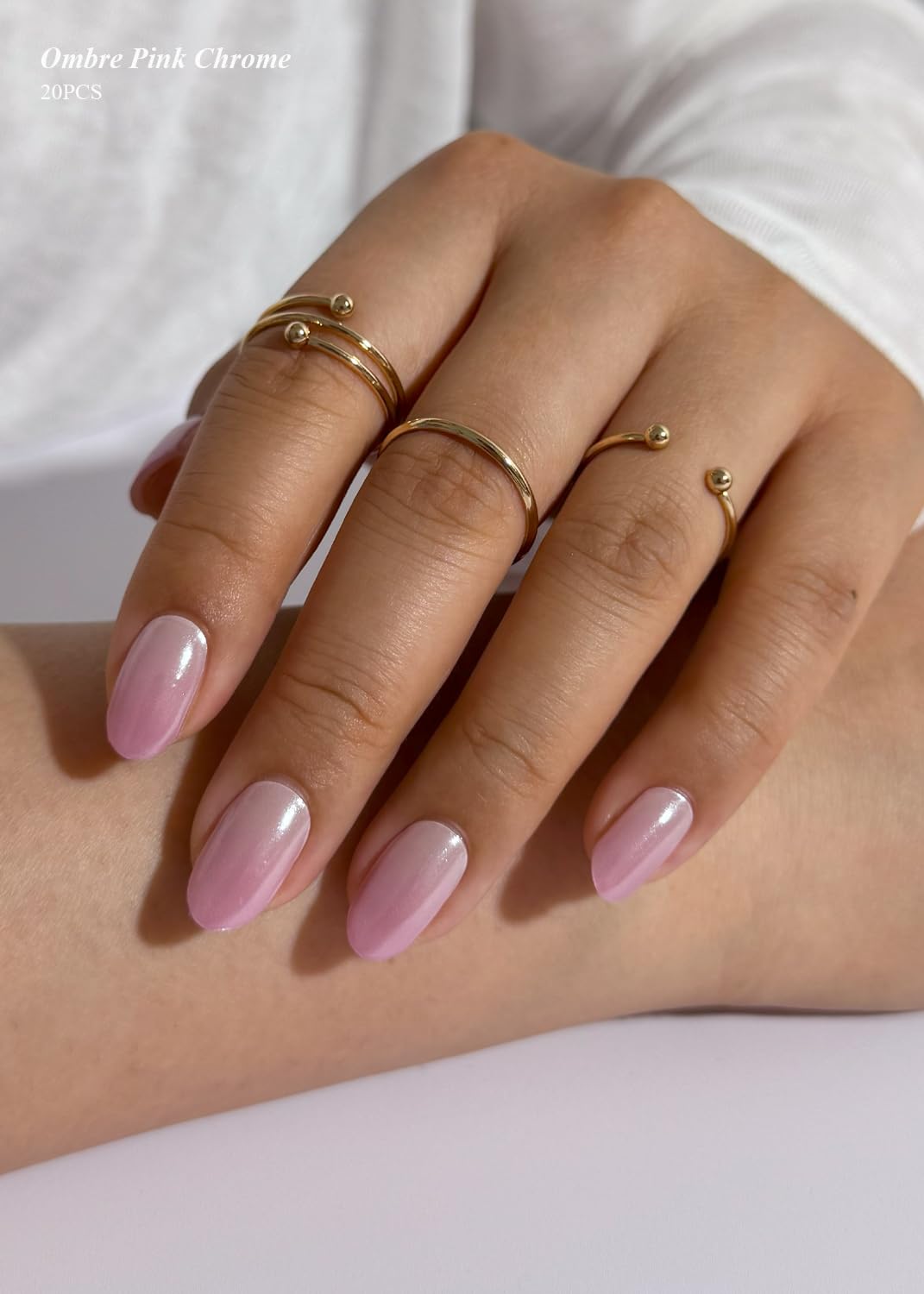 AutyaMee Semi Cured Gel Nail Strips (Glazed Ombre Pink),Chrome, Pearl, 20 Pcs Gel Nail Wraps, Stickers, UV Light Required