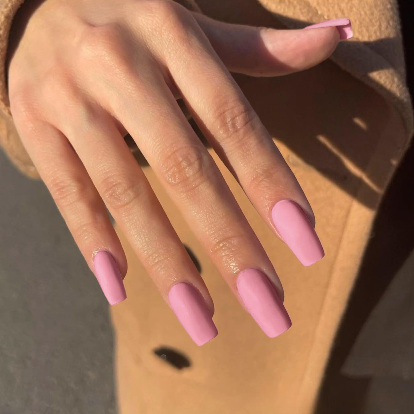 Matte Pink Press On Nails Medium Long Square, Xcreando Medium Coffin Nails Acrylic Press ons Glue on Nails, Solid Color Fake Nail for Women, Natural Thick Artificial Stick on