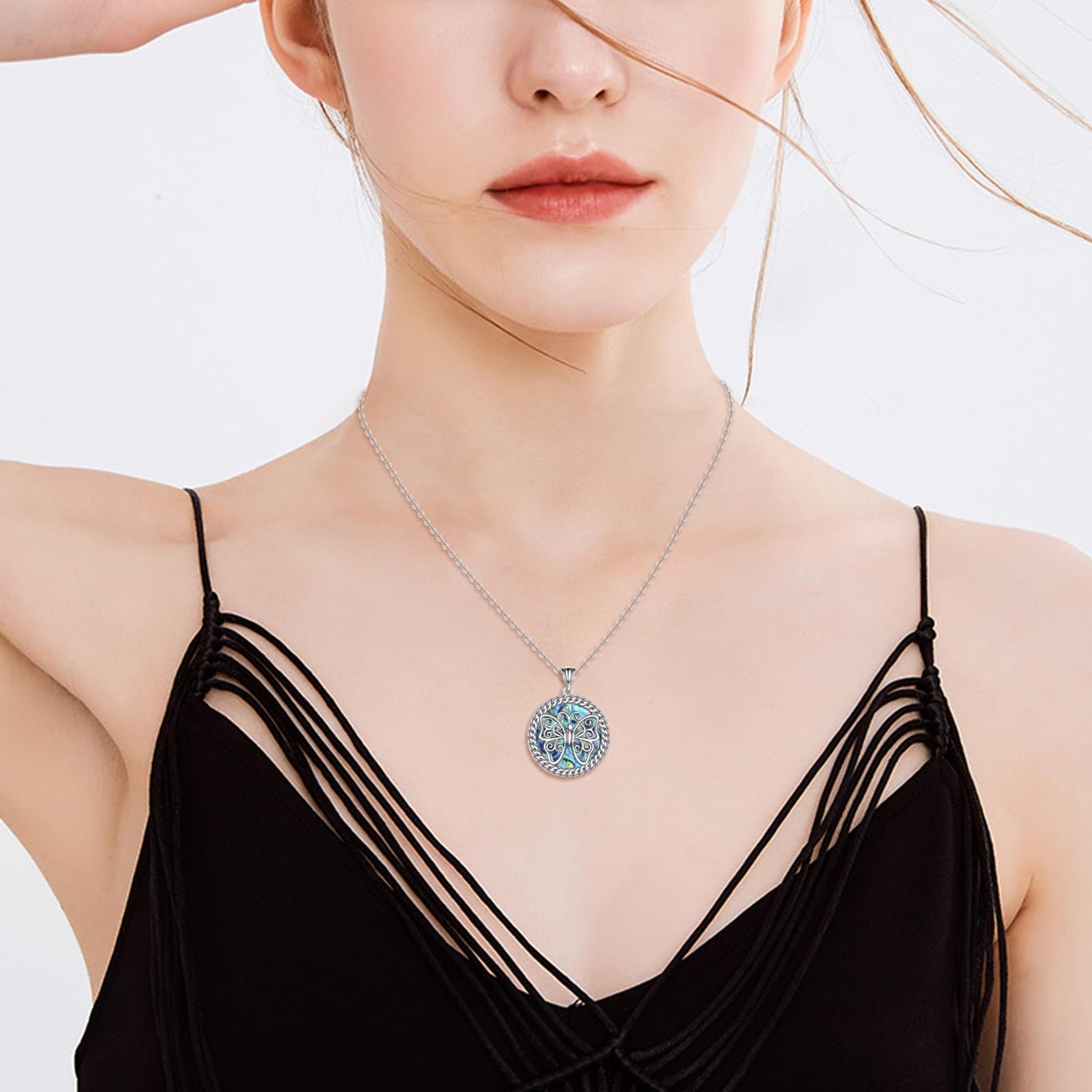 KQF Butterfly Necklace 925 Sterling Silver Filigree Butterfly Pendant Abalone Shell Jewelry Gift for Women Mom Daughter