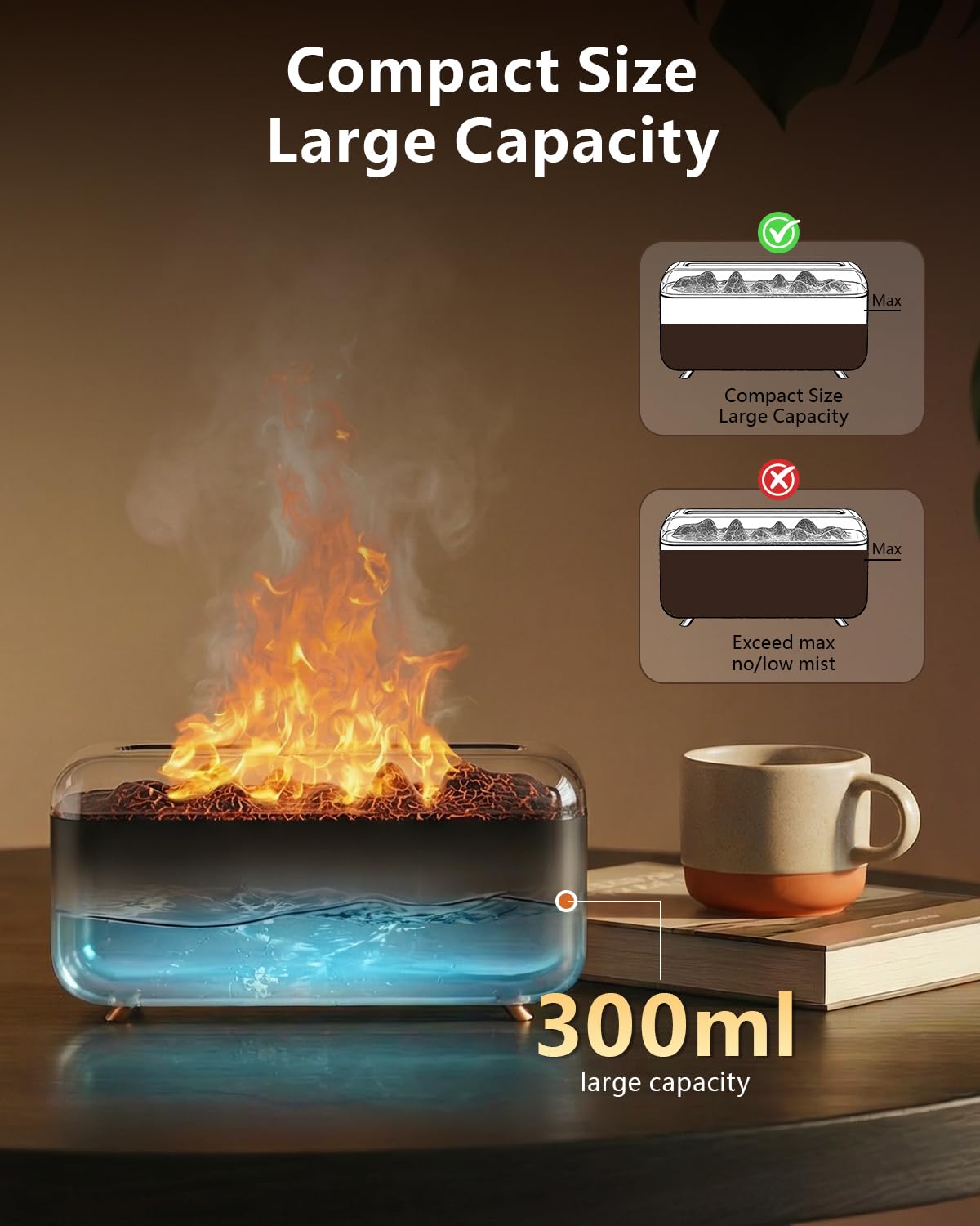 Essential Oil Diffuser, Fireplace Flame Aromatherapy Diffuser 500ml Aroma Humidifier for Home with 8 Colors Night Light, Timer, Auto-Off, Noiseless Scent Diffuser for Bedroom, Office,Yoga