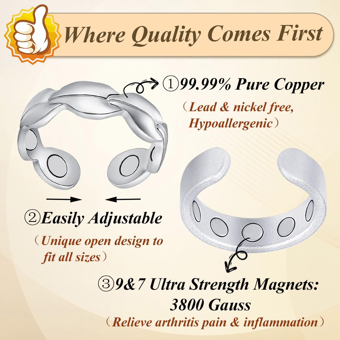 Cigmag 9X Copper Rings for Women, with Powerful Magnets, Adjustable Solid Pure Copper (Silver Matte & Fishtail)