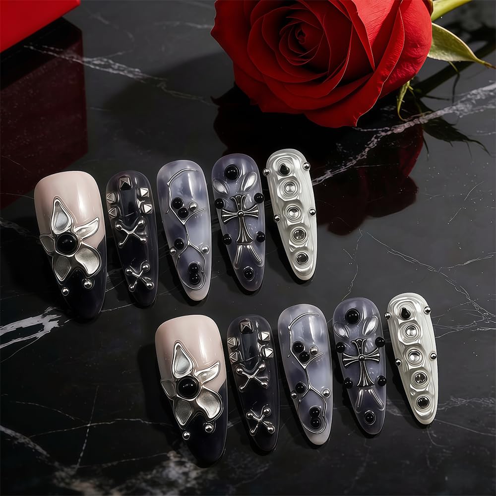 WZHAOJUN Handmade Press On Nails,Medium Black Gothic Presson Nails For Women,10pcs Abs Material Fake Nails With Design-Reusable Glue On Hand Made Nails For Party Wedding(10Pcs Size M)