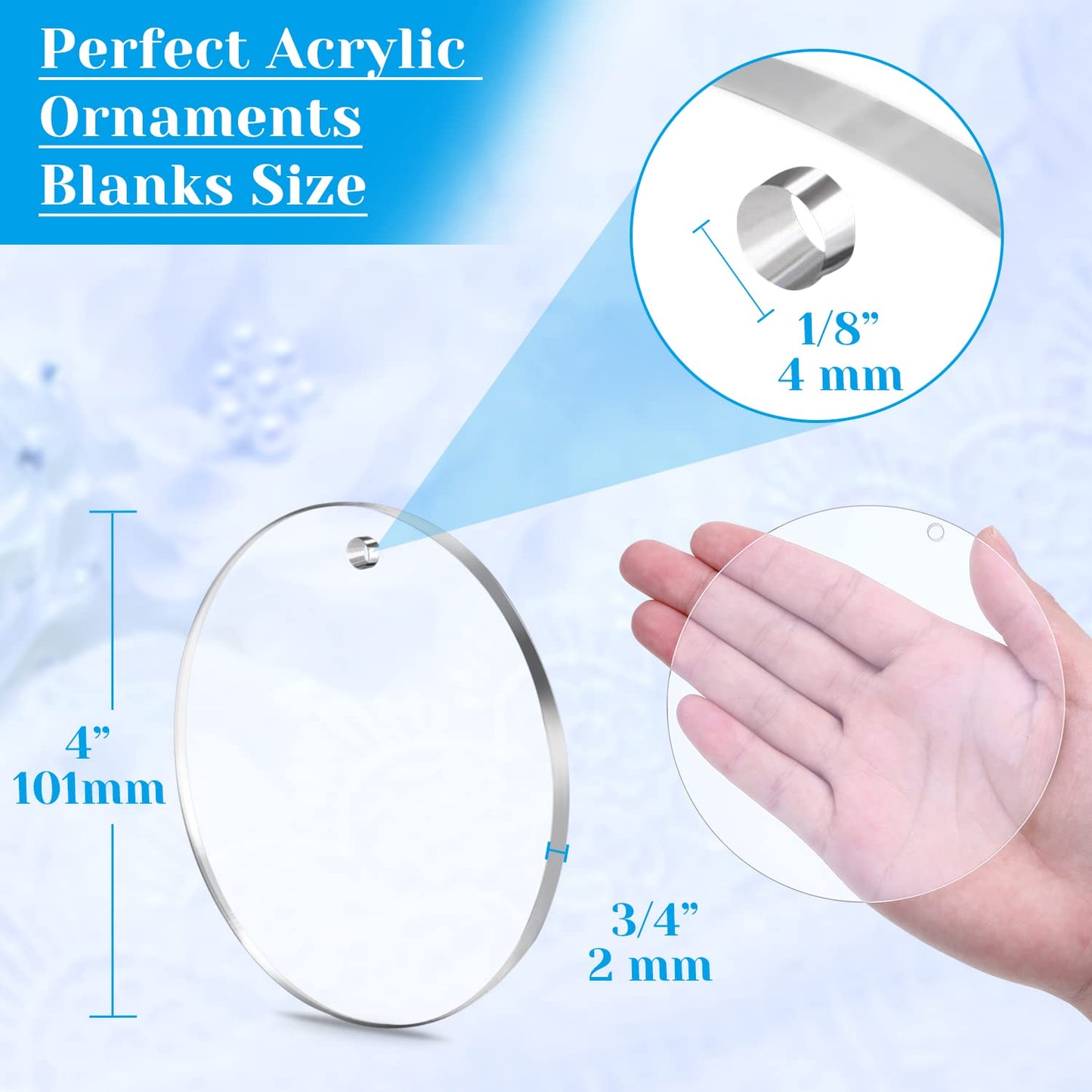 Audab Acrylic Ornament Blanks for Vinyl, Large Clear Acrylic Discs Round Acrylic Blanks Bulk with Hole for Engraving, DIY Projects, Art Crafts(4 Inch, 30 Pcs)