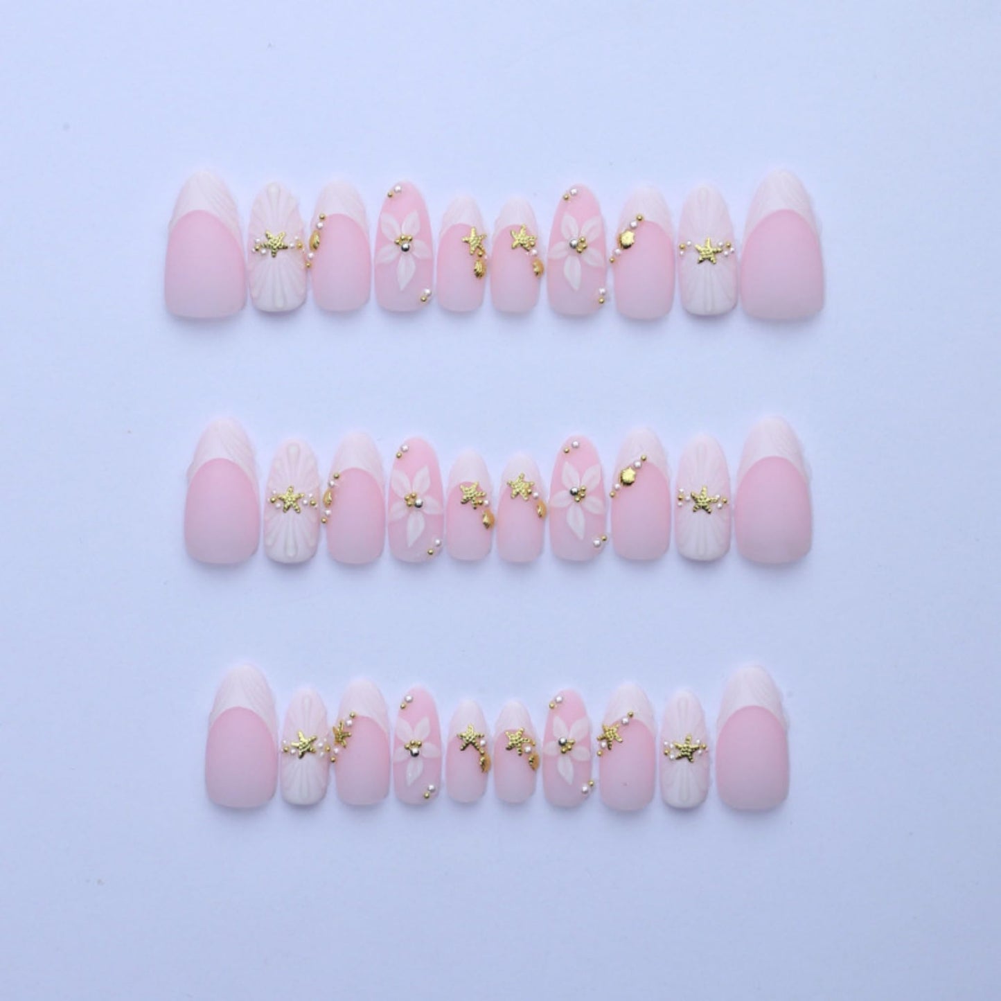 Long Press on Nails Almond Fake Nails French Artificial Nail Seeneey White Flowers Pearl Beach Stick on Nail for Women 24pcs
