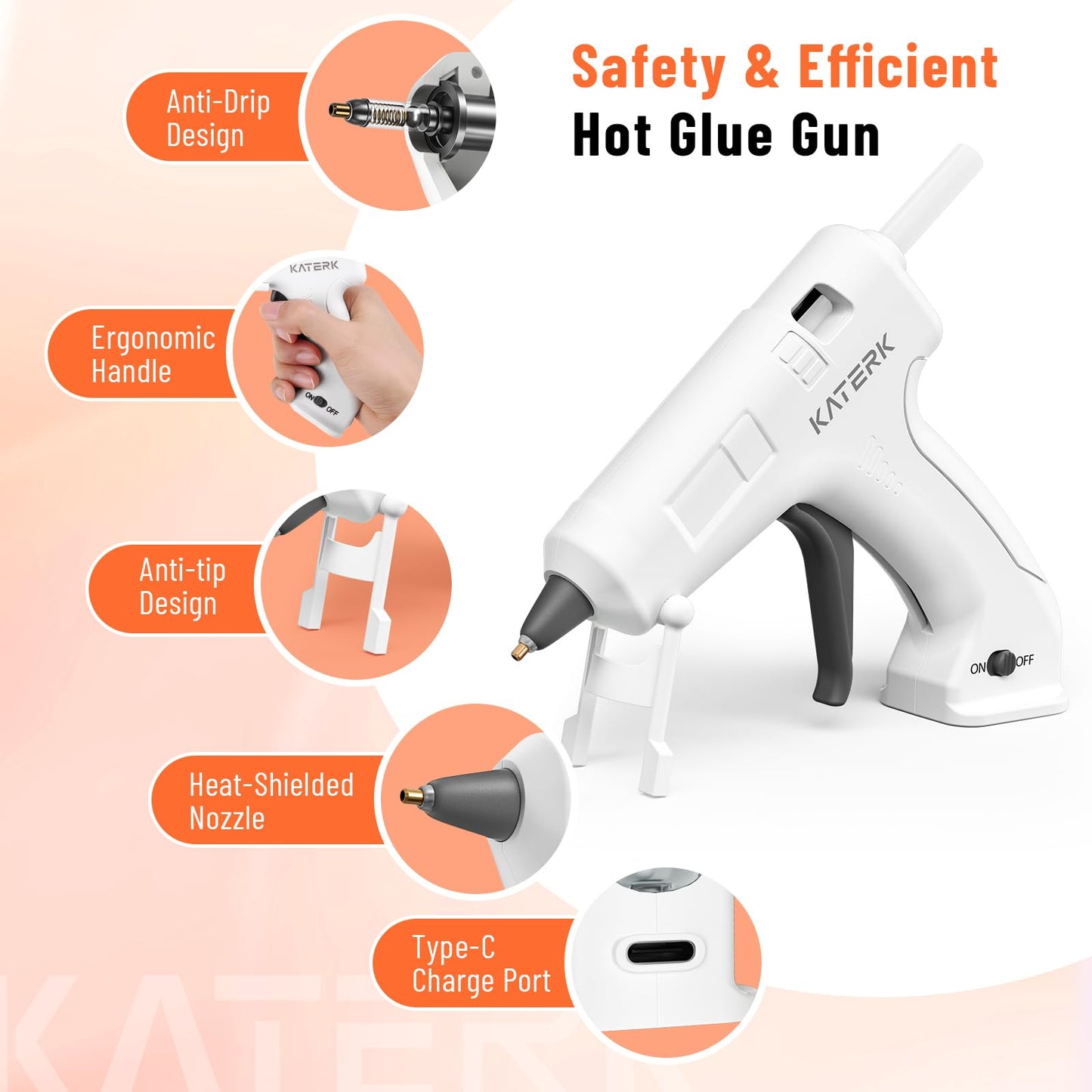 Katerk 3.7V Cordless Hot Glue Gun Kit, 90s Fast Heating, Mini Glue Gun with 15 Glue Sticks, USB-C Rechargeable with 2000mAh Built-in Battery, Ideal for DIY, Gift Making,School Crafts & Repairs (White)
