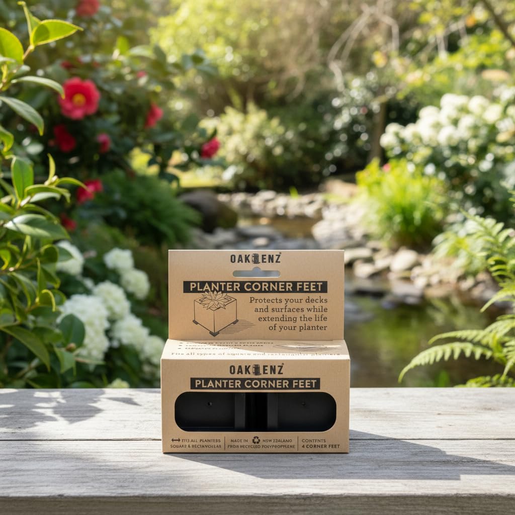 OAKENZ Planter Feet (4 Pack) – Pot Feet & Planter Risers for Square & Rectangular Planter Boxes – Deck Protector for Outdoor Pots – UV-Stable Recyclable Plastic (Black)